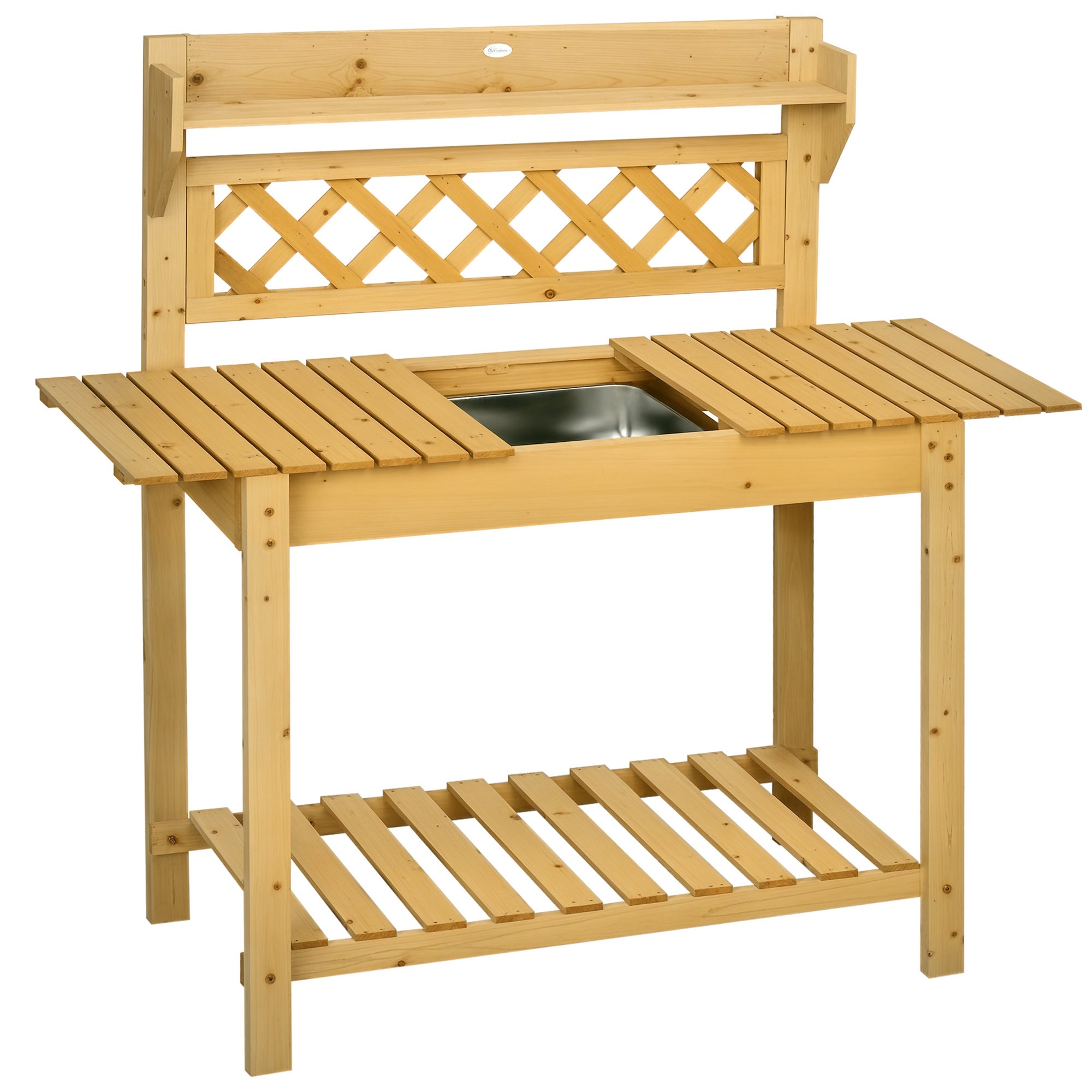 Havearbejdsbord, integreret rustfri stålvask, 2 hylder, massivt træ, brunt, 92 x 45 x 120 cm