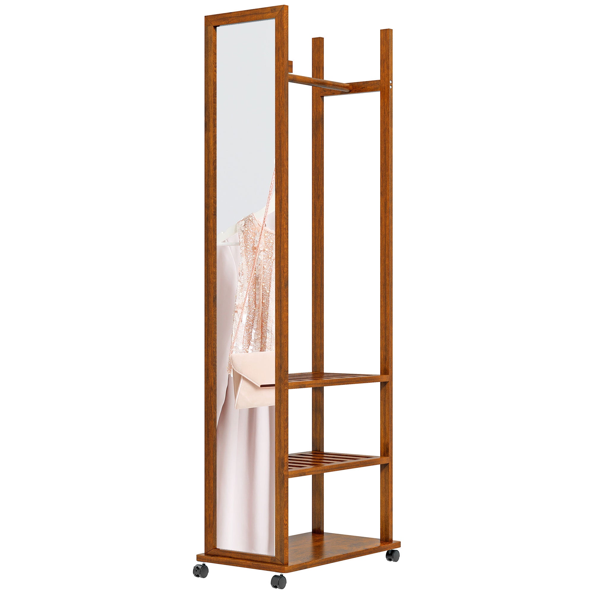 2-I-1 spejlgarderobe i fuld længde, 1 garderobestang, 3 hylder, 35,8 x 59,8 x 170 cm, naturfarvet