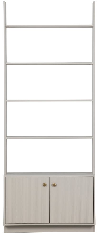 Bogreol WOOOD Madu grå fyrretræ/metal H200xB80xD35 cm  -  4 åbne hylder & 2 låger med guldknopper