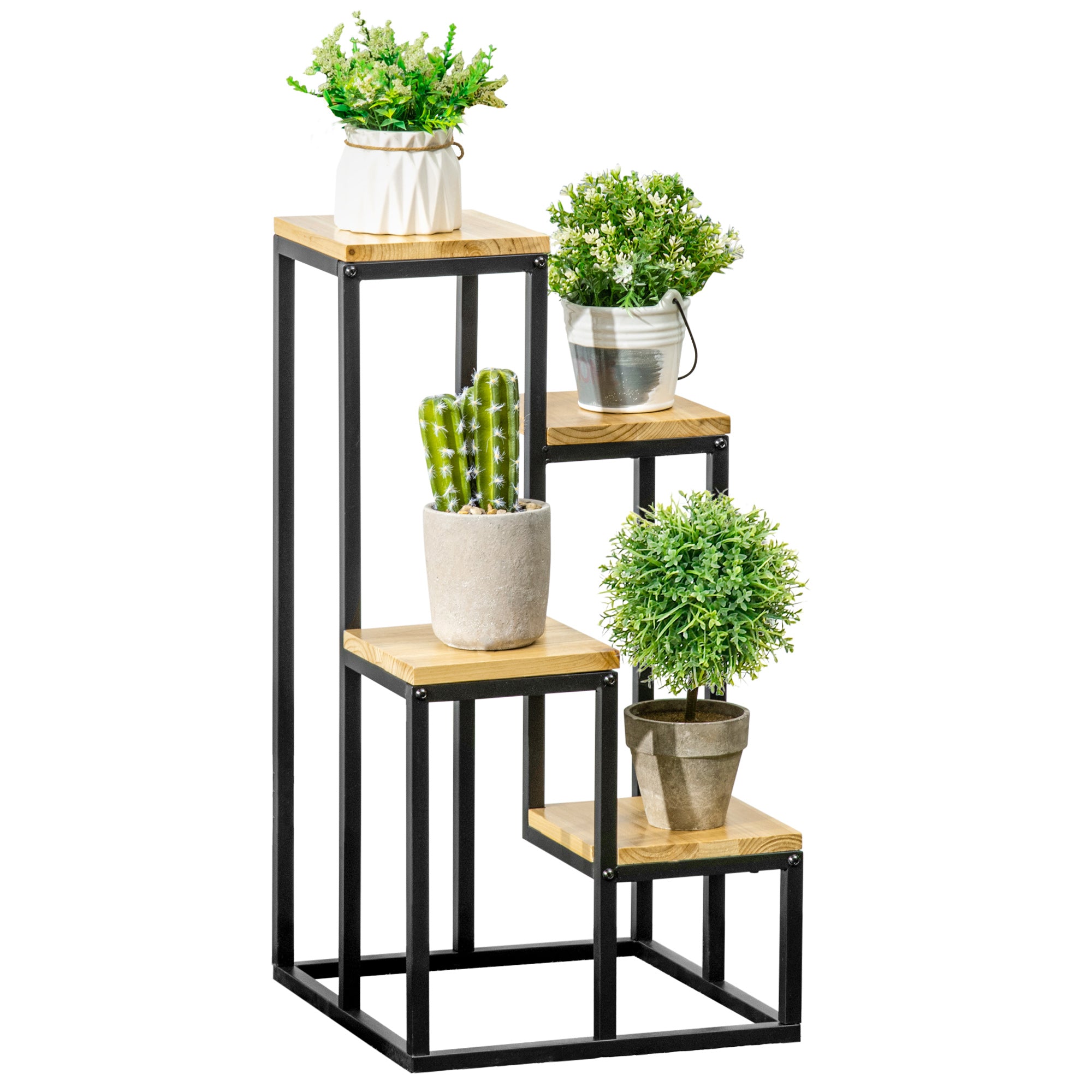 Industrielt plantestativ med 4 hylder, blomstertrappe, 34 cm x 34 cm x 66 cm, naturlig + sort