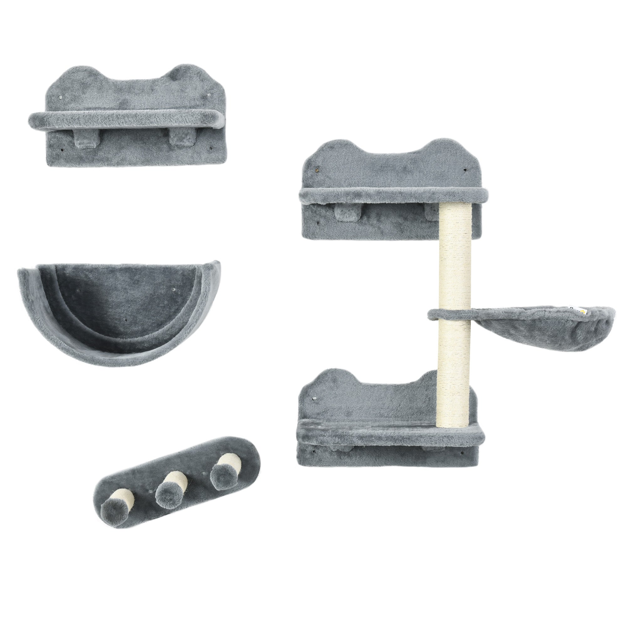 Klatrevægssæt til katte, hængekøje, kradsebræt, hoppeplatforme, plys, sisal, grå