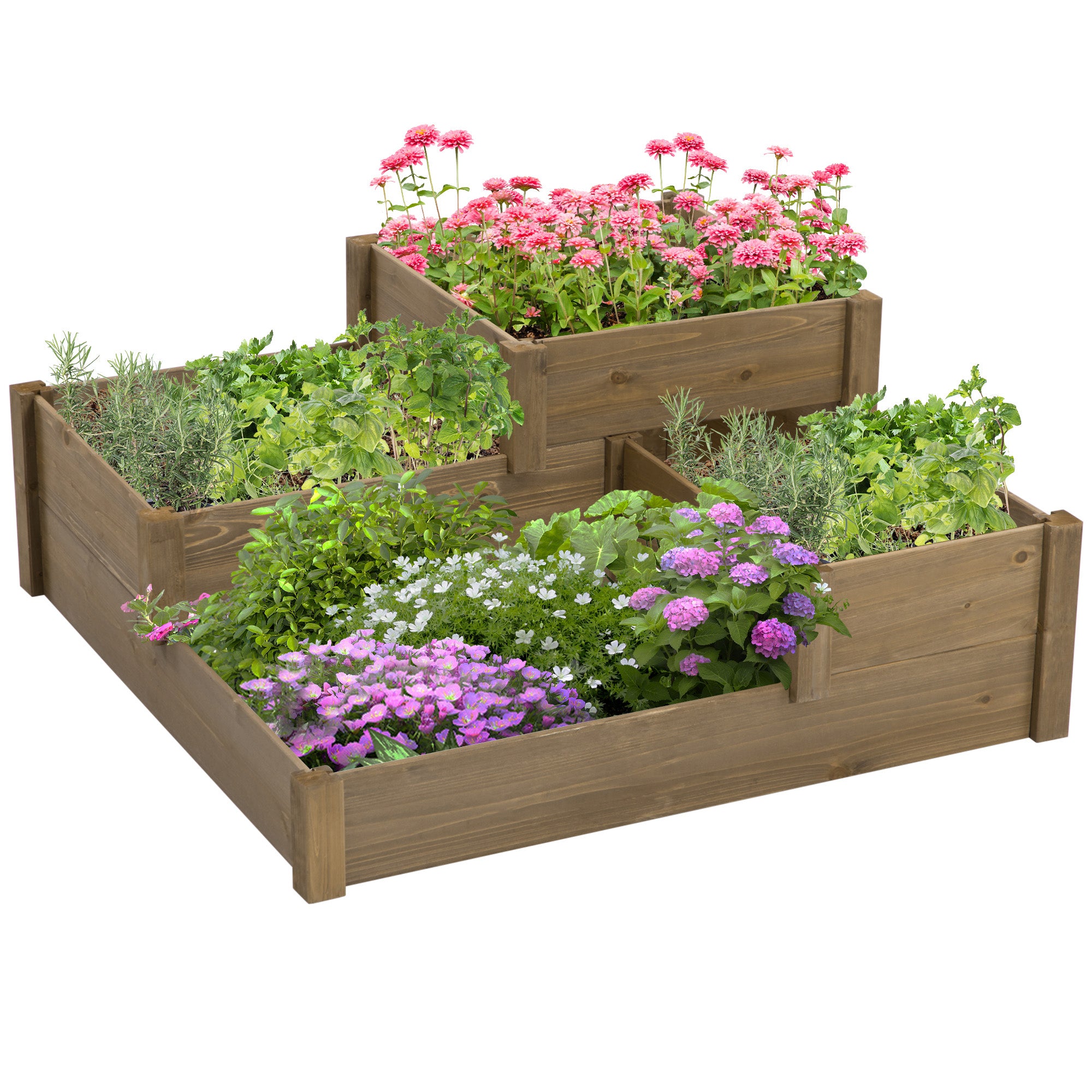 Højbed, 4 plantekasser i 3 niveauer, vejrbestandig, massivt træ, 122 cm x 122 cm x 51 cm, natur