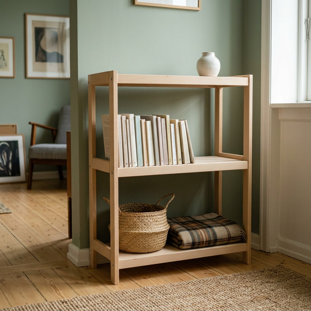 Reol i massivt bøgetræ, 33 cm dyb