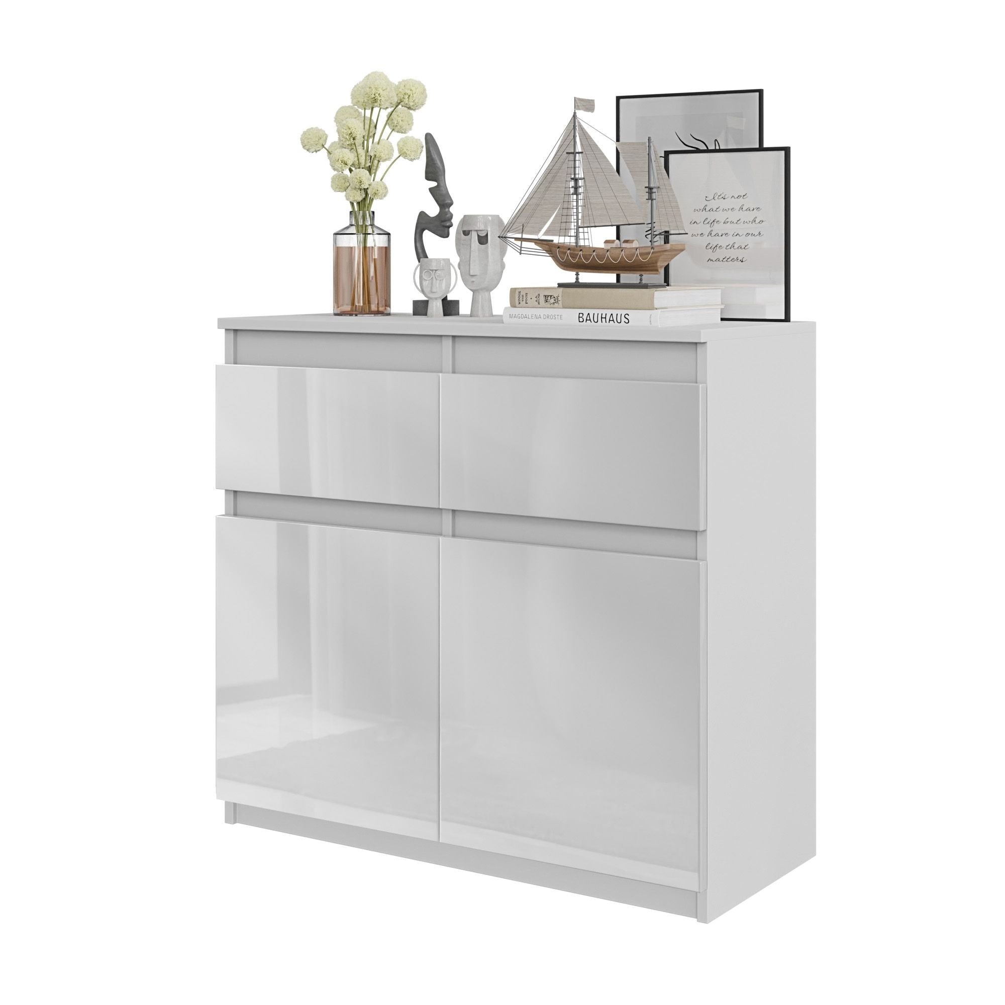 NOAH - Kommode med 2 skuffer - mat hvid / højglans hvid H75cm B80cm D35cm