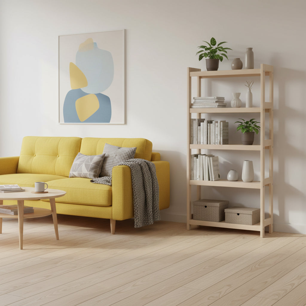 Bogreol i bøgetræ, 5 hylder, 136x50x25 cm