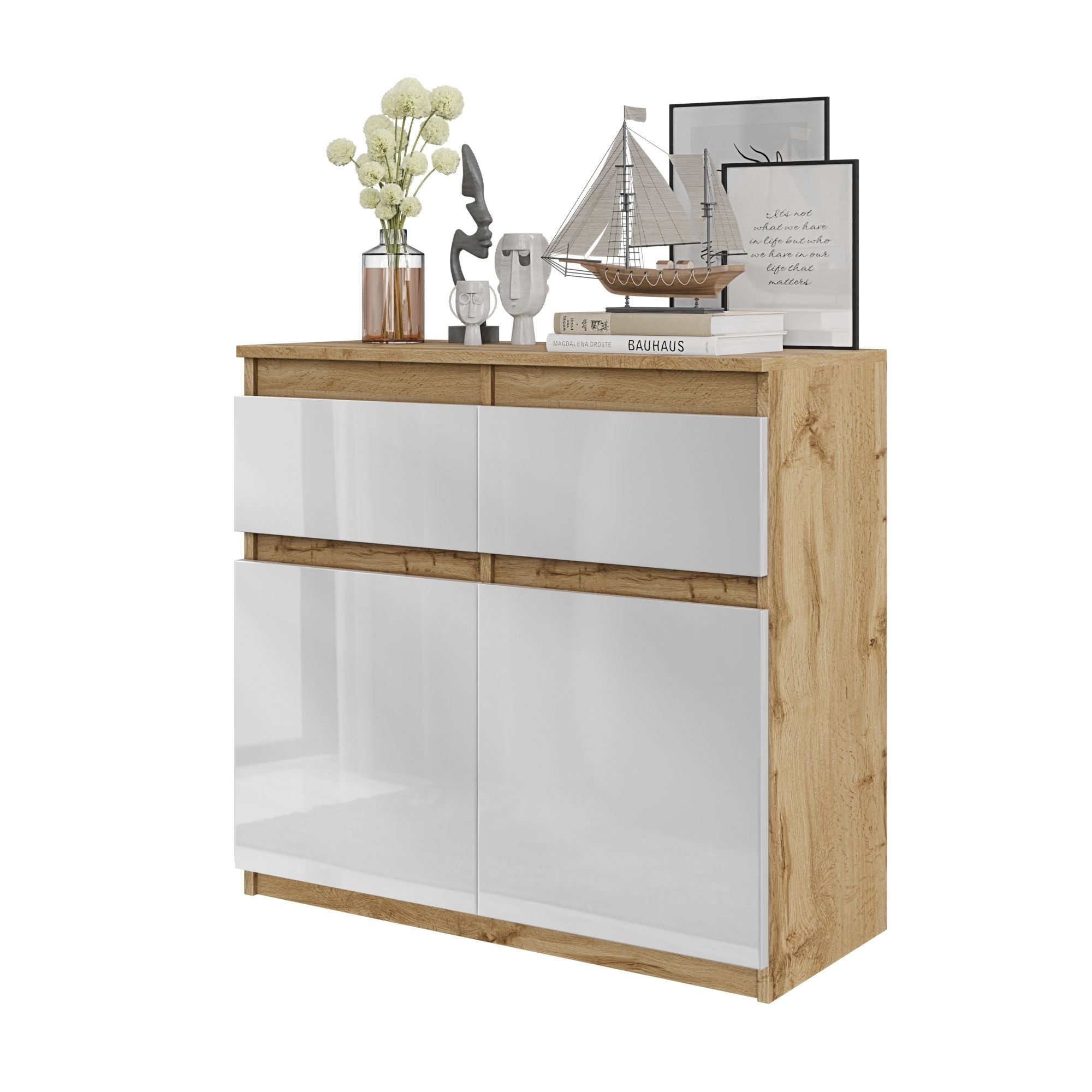 NOAH - Kommode med 3 skuffer - naturfarvet / højglans hvid H75cm B80cm D35cm