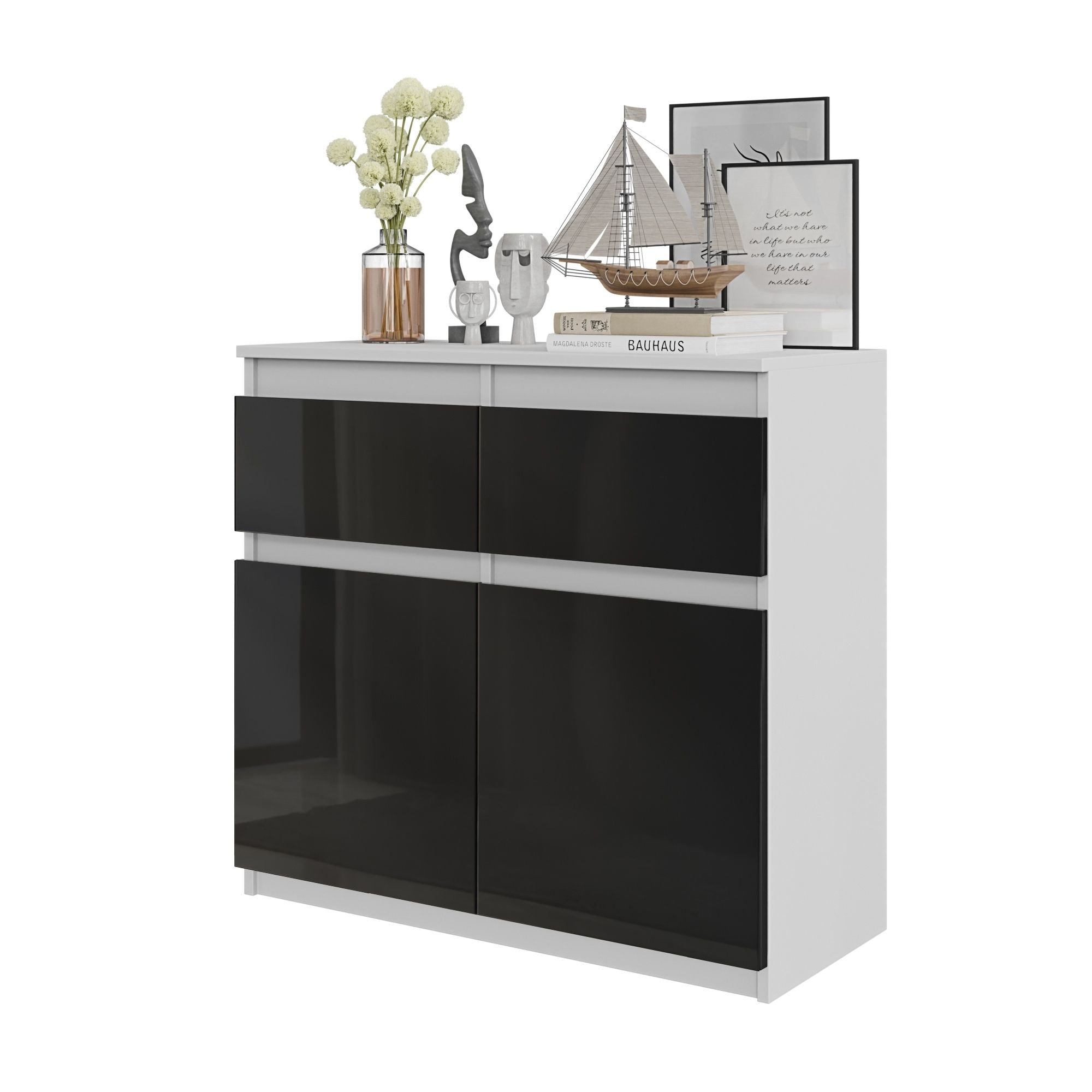 NOAH - Kommode med 2 skuffer - mat hvid / højglans sortÂ H75cm B80cm D35cm