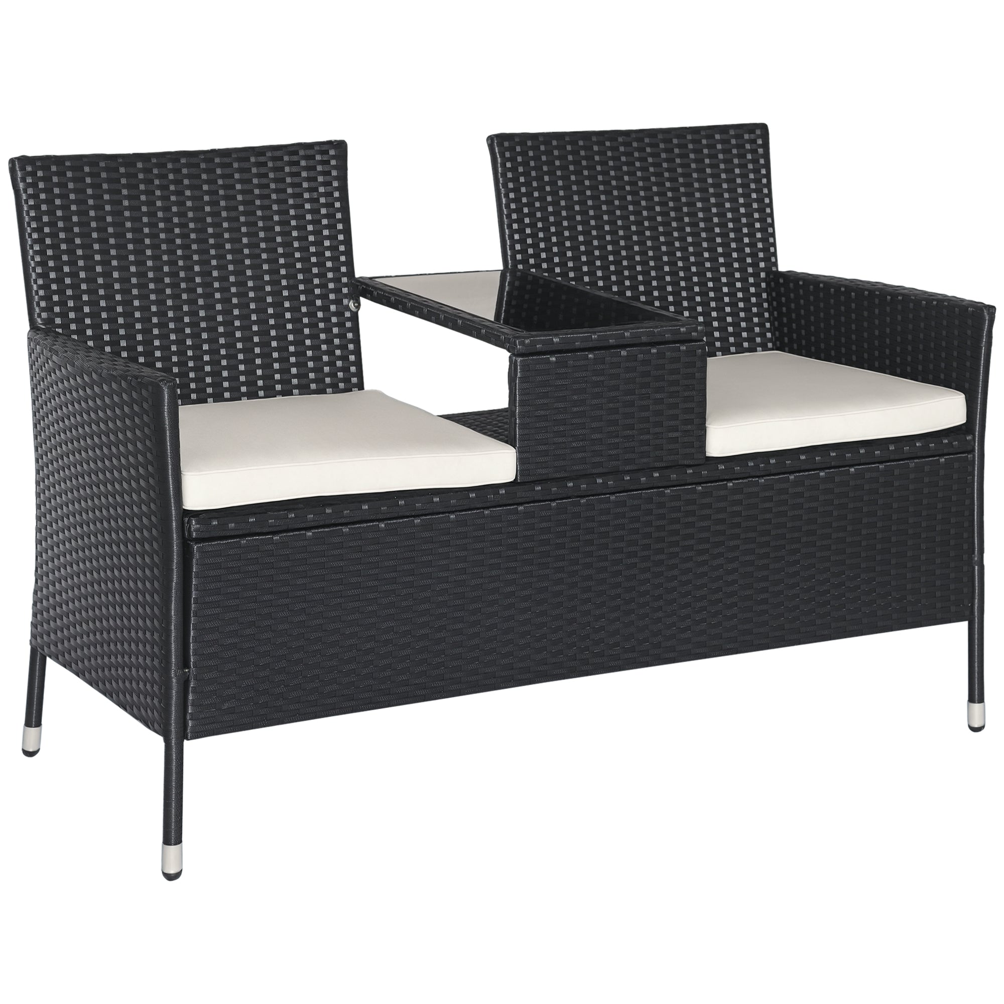 Havebænk polyrattan 2-personers uv-bestandig bænk med bordhynde ryglæn havemøbler parkbænk op til 240 kg lasteevne balkonbænk til haveterrasse balkon 133x63x84cm, sort