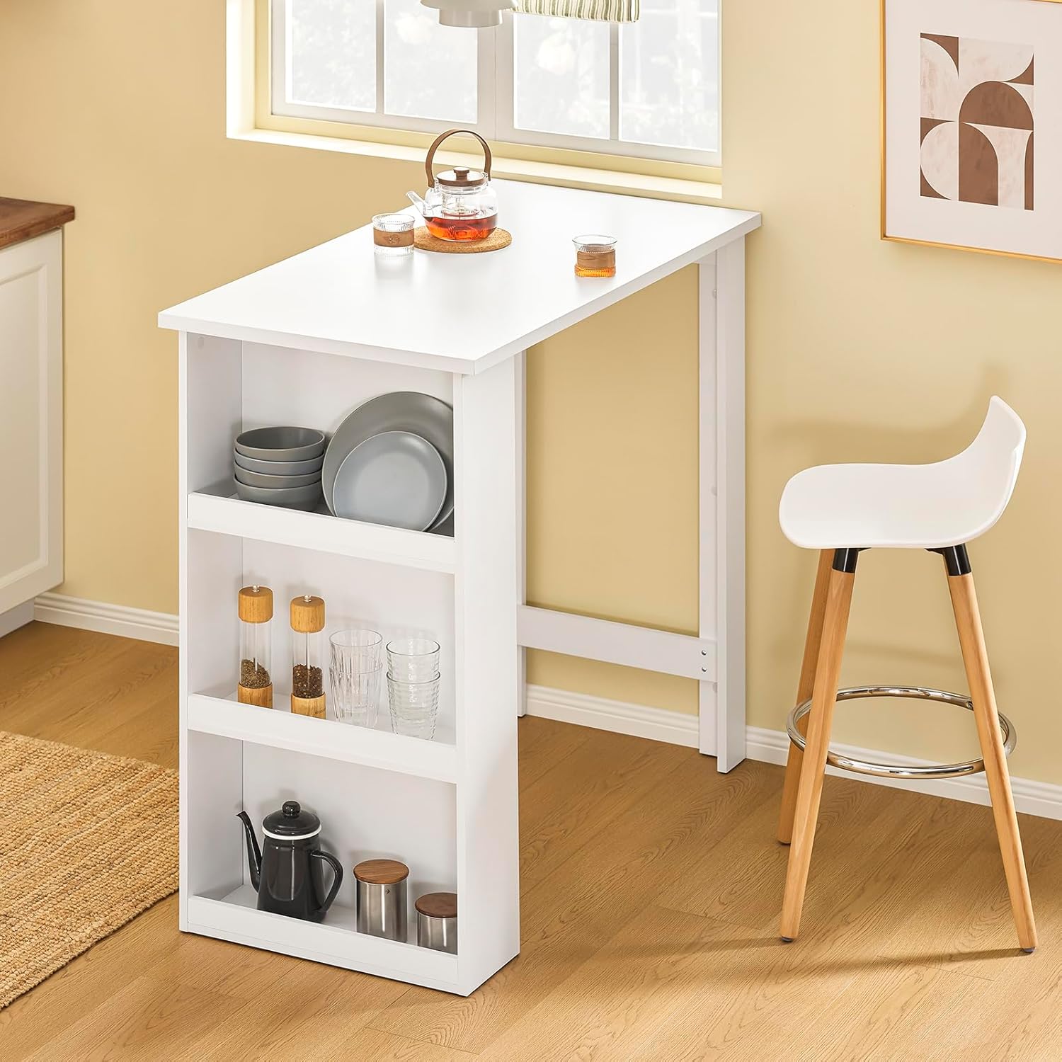 Barbord Moderne Spisebord med 3-lags Opbevaringshylder i hvid (W112 x D57 x H106 cm)