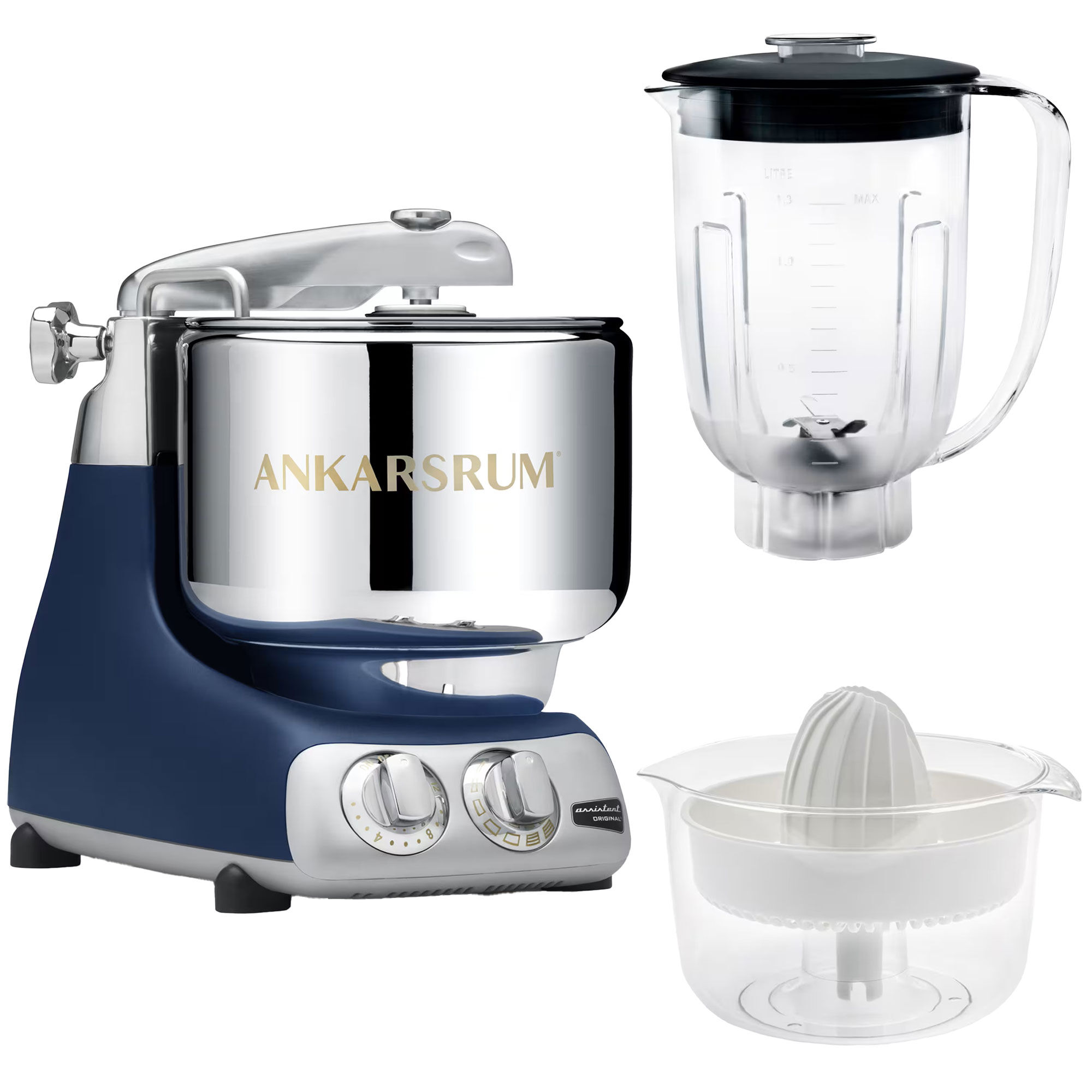 Ankarsrum Assistent AKM6230 + mixerkande og citruspresser, royal blue