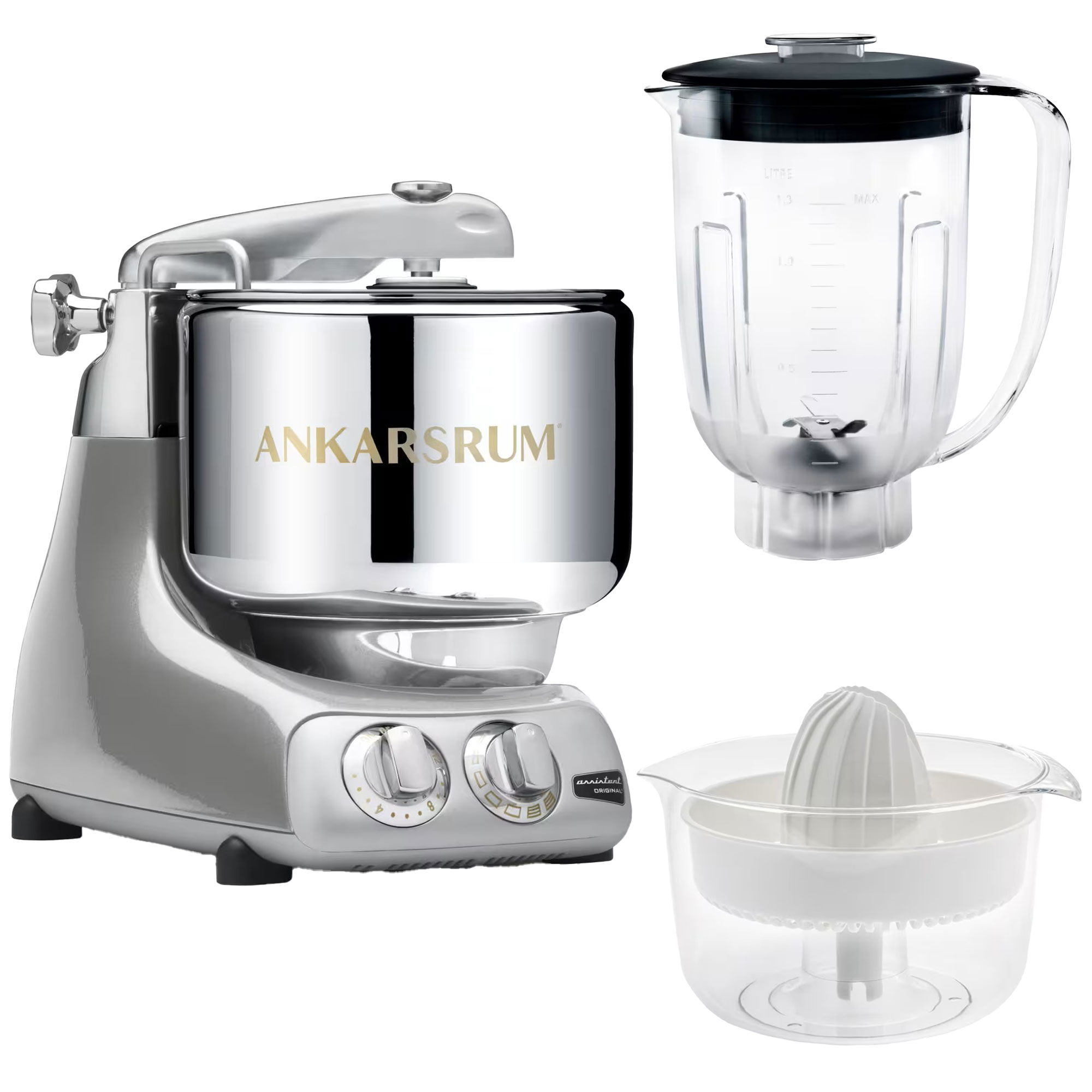 Ankarsrum Assistent AKM6230 + mixerkande og citruspresser, sølv