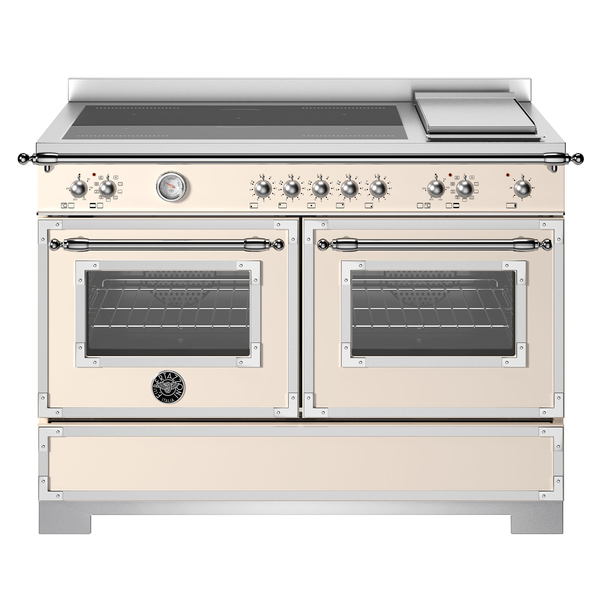Bertazzoni HER125I2EAVT2 Heritage induktionskomfur 120 cm med 5 zoner, elektrisk stegebord og 2 ovne, elfenbenshvid