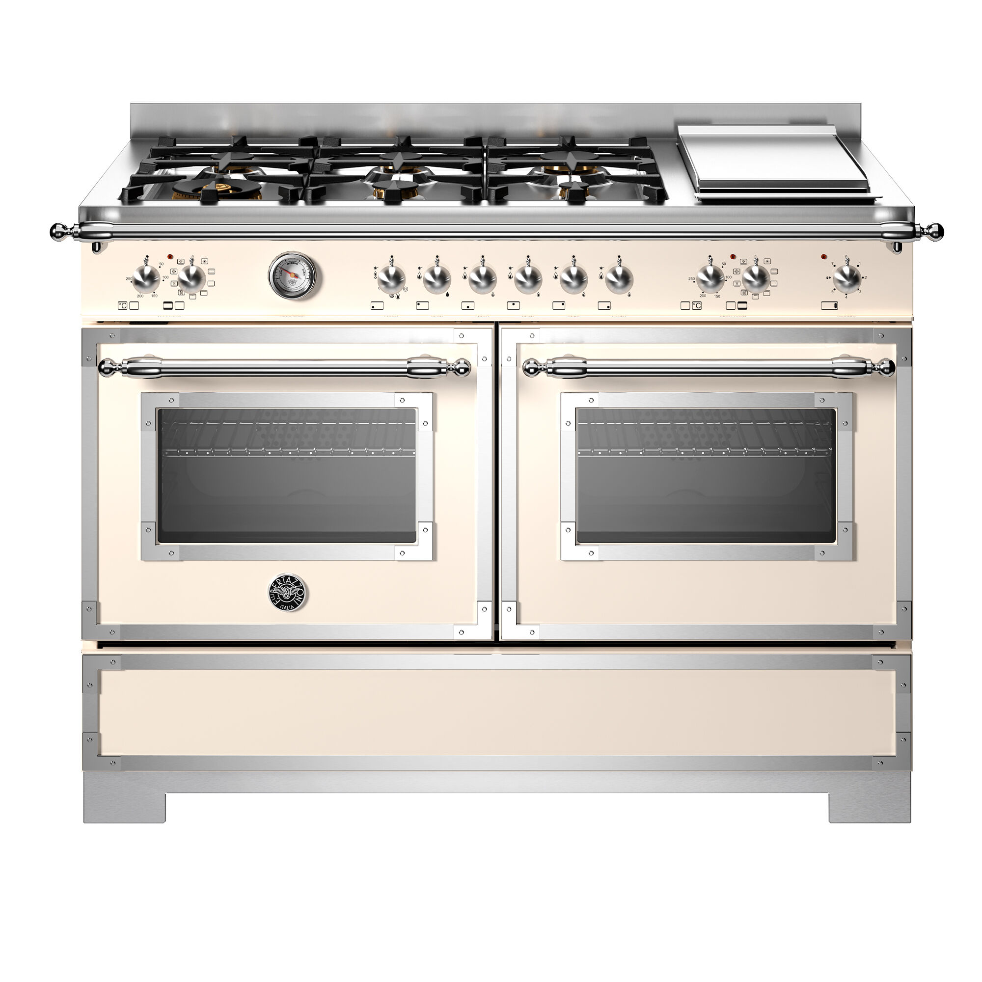 Bertazzoni HER126G2EAVT2 Heritage gaskomfur 120 cm med 6 brændere, elektrisk stegebord og 2 ovne, elfenbenshvid
