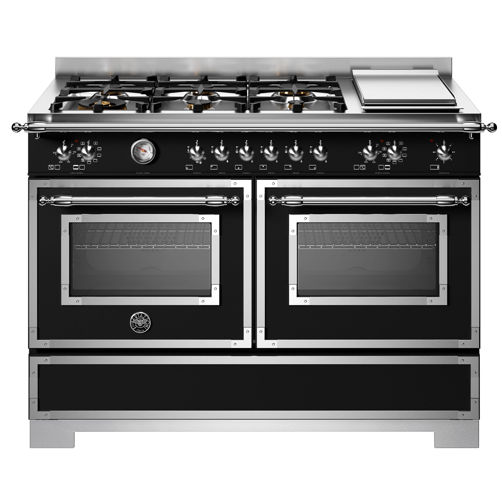 Bertazzoni HER126G2ENET2 Heritage gaskomfur 120 cm med 6 brændere, elektrisk stegebord og 2 ovne, mat sort