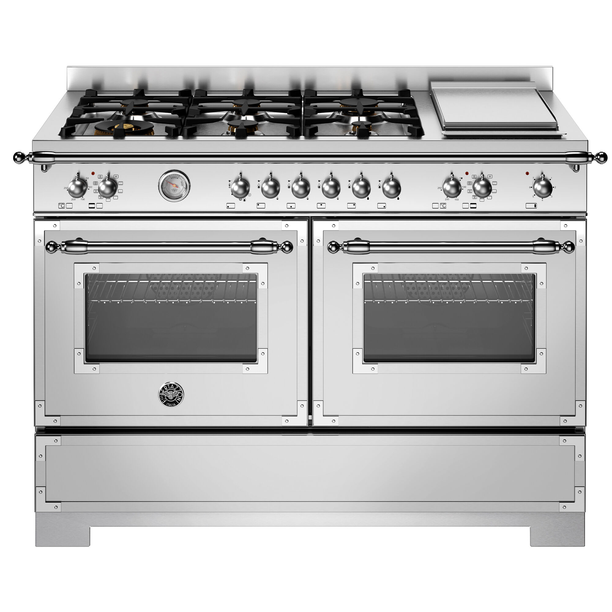 Bertazzoni HER126G2EXT2 Heritage gaskomfur 120 cm med 6 brændere, elektrisk stegebord og 2 ovne, rustfrit stål