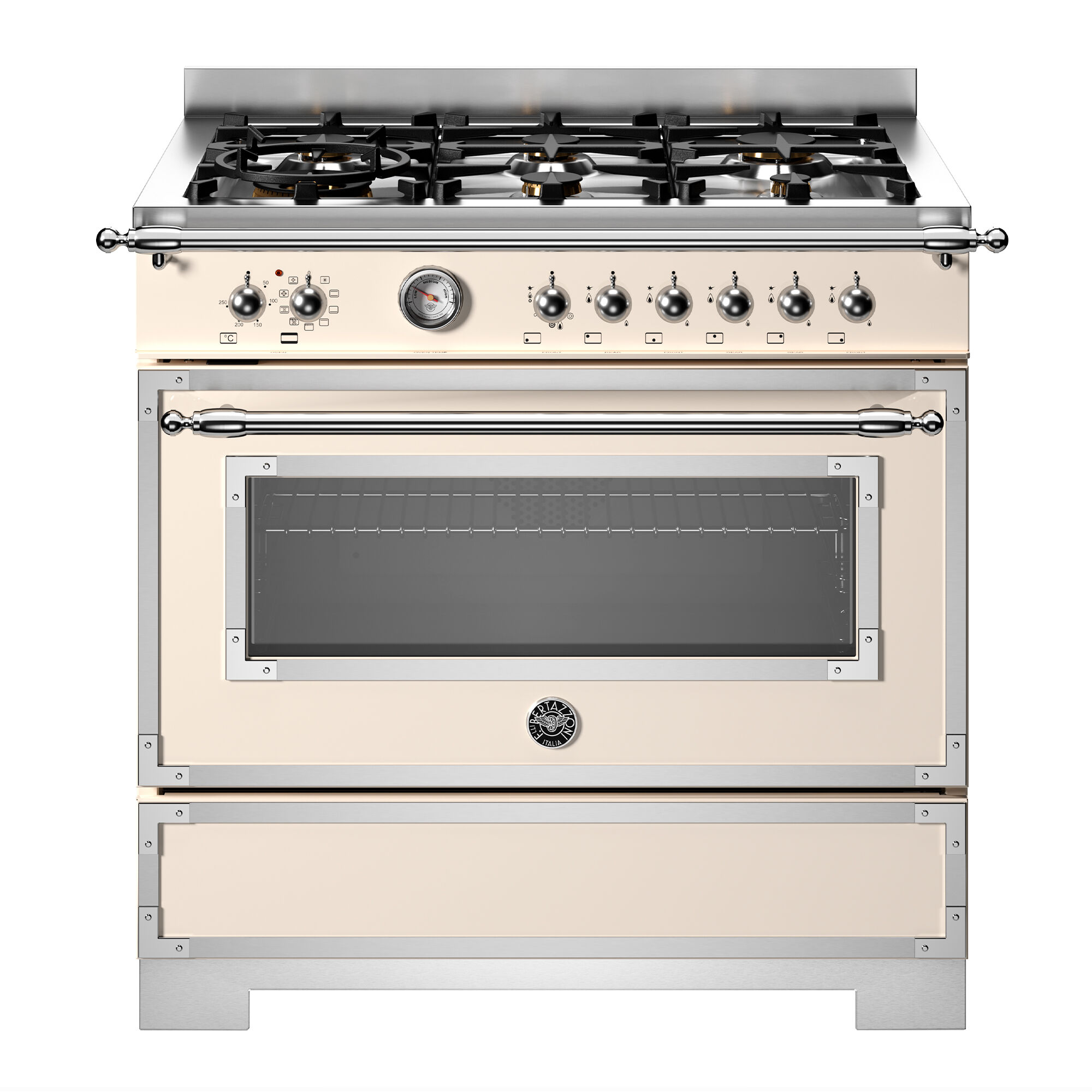 Bertazzoni HER96L1EAVT2 Heritage gaskomfur 90 cm med 6 brændere og 1 ovn, elfenbenshvid