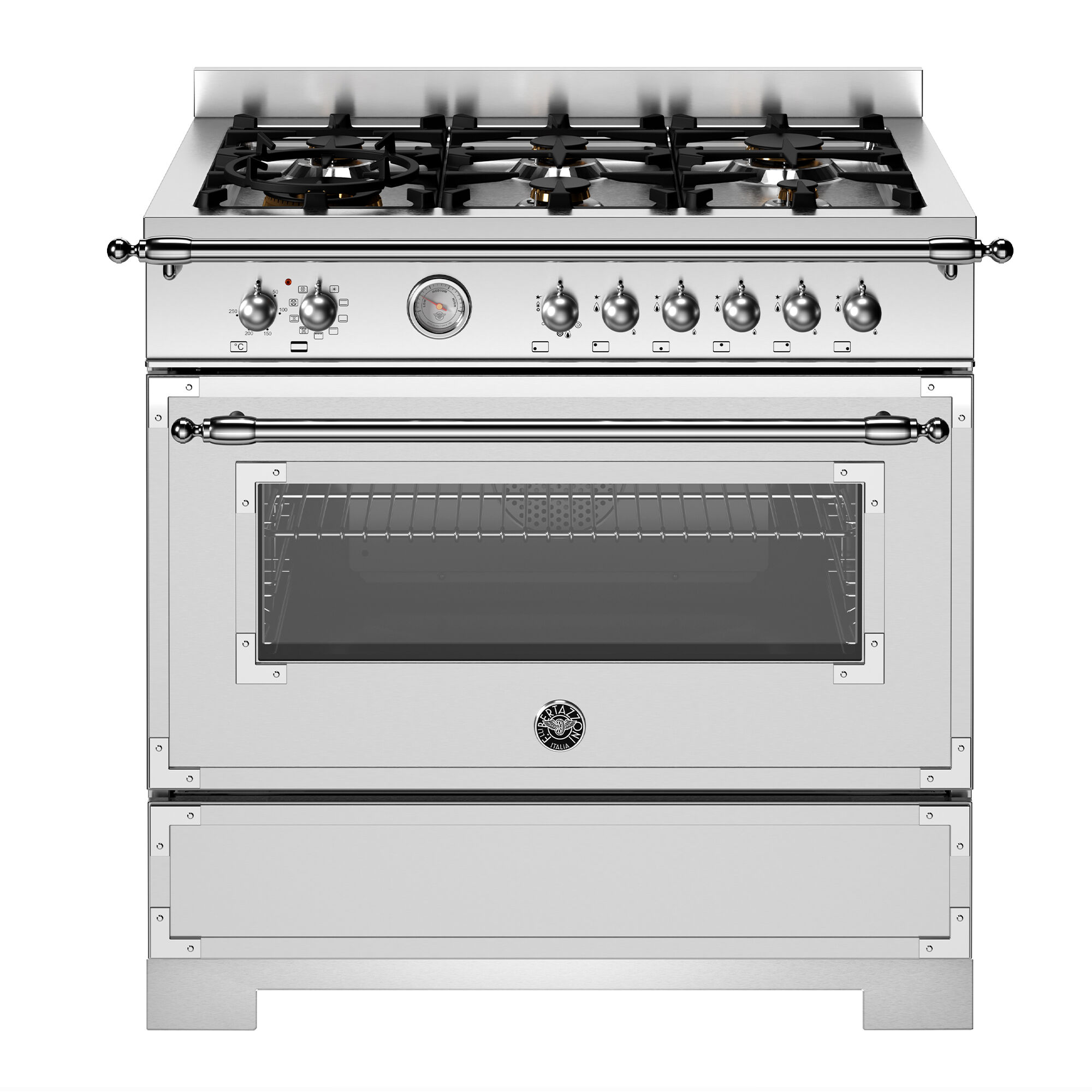 Bertazzoni HER96L1EXT2 Heritage gaskomfur 90 cm med 6 brændere og 1 ovn, rustfrit stål
