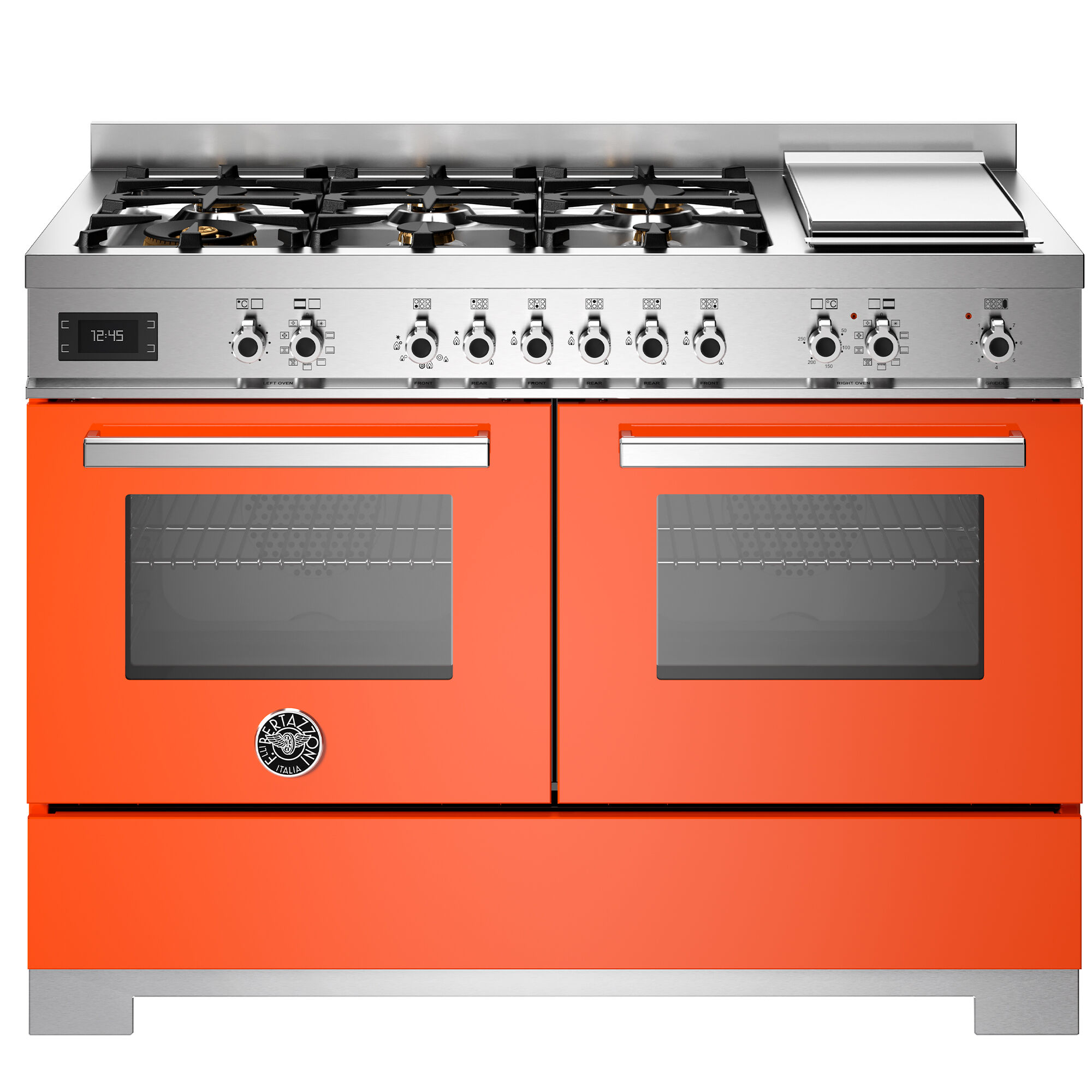 Bertazzoni PRO126G2EART2 Professional gaskomfur 120 cm med 6 brændere, elektrisk stegebord og 2 ovne, orange