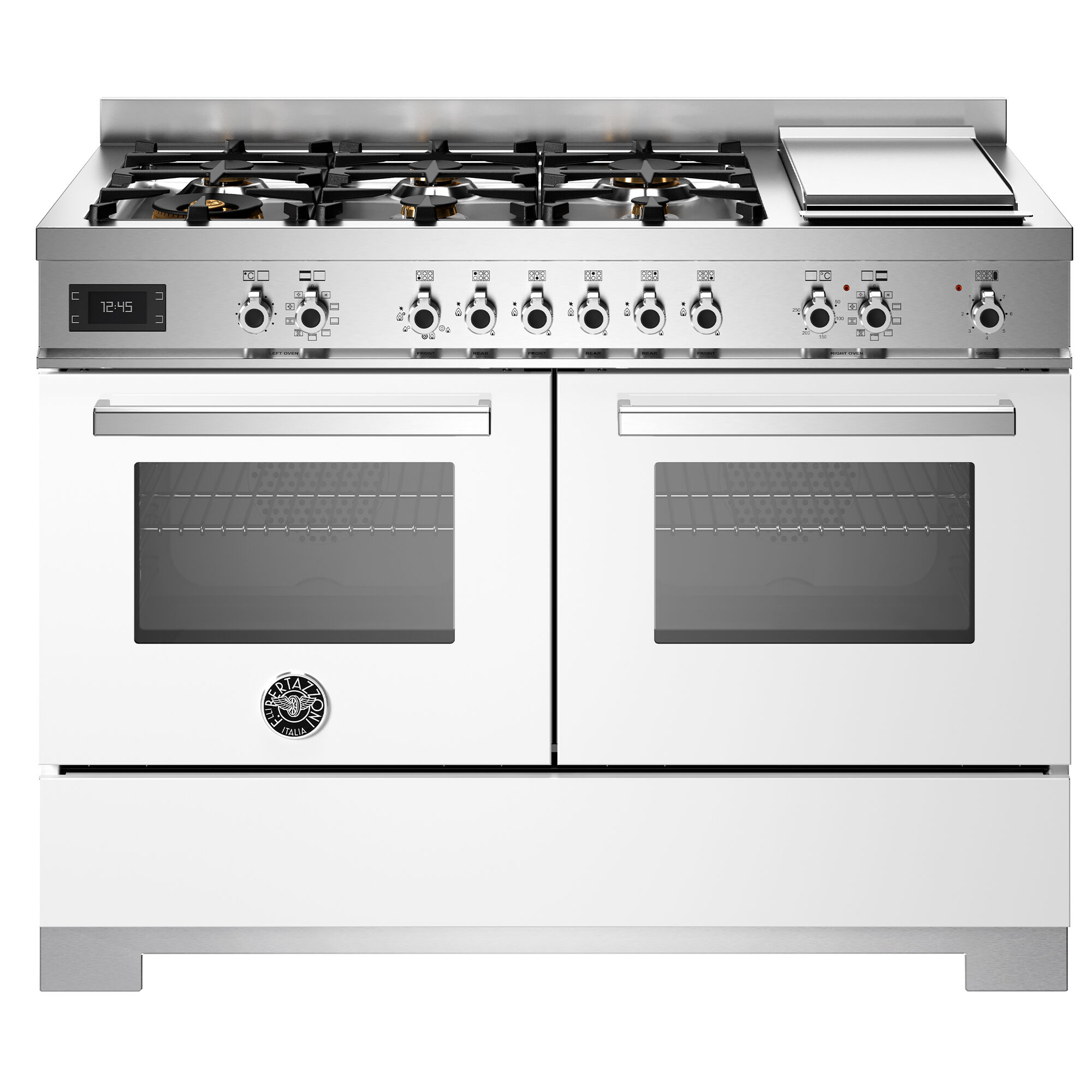 Bertazzoni PRO126G2EBIT2 Professional gaskomfur 120 cm med 6 brændere, elektrisk stegebord og 2 ovne, hvid