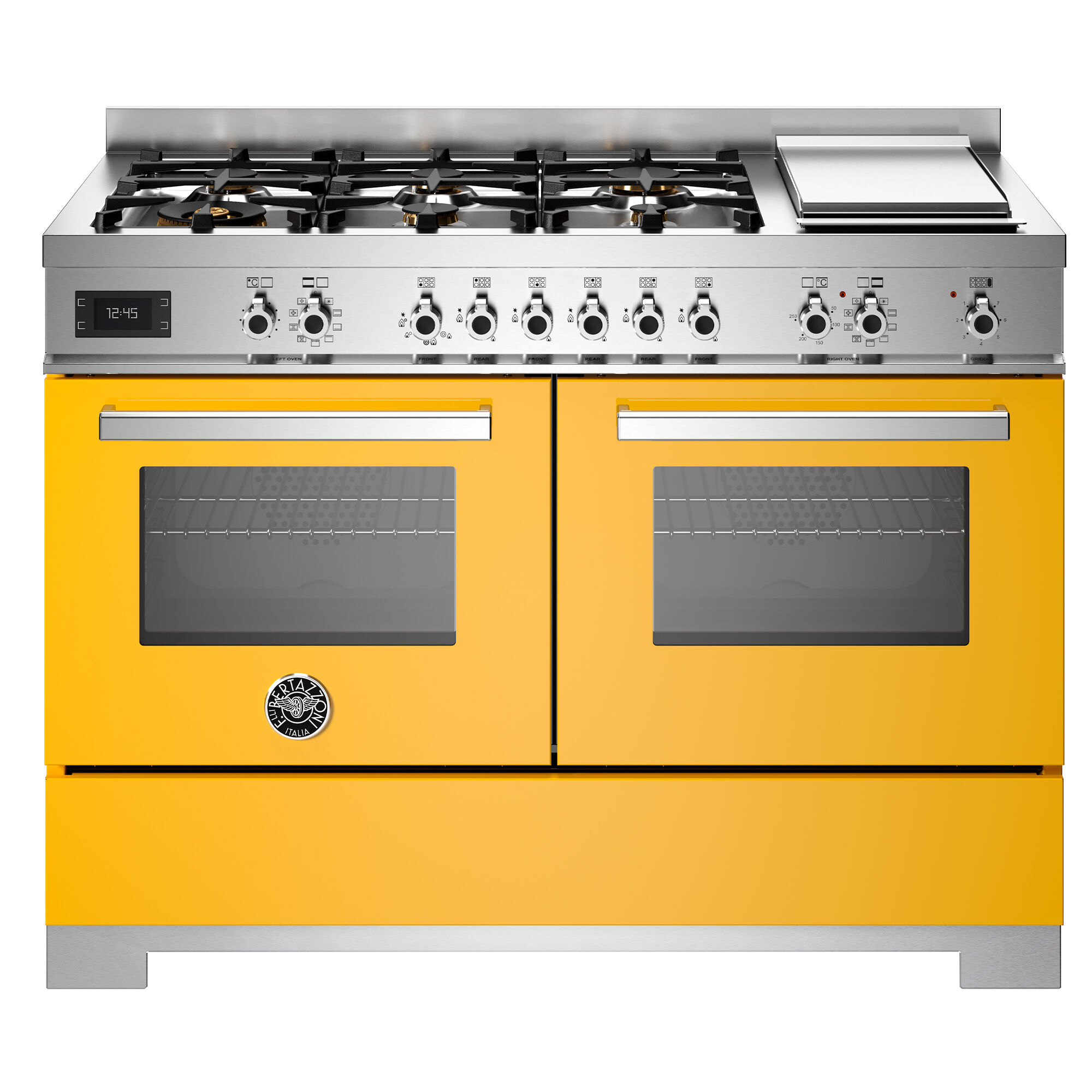 Bertazzoni PRO126G2EGIT2 Professional gaskomfur 120 cm med 6 brændere, elektrisk stegebord og 2 ovne, gul