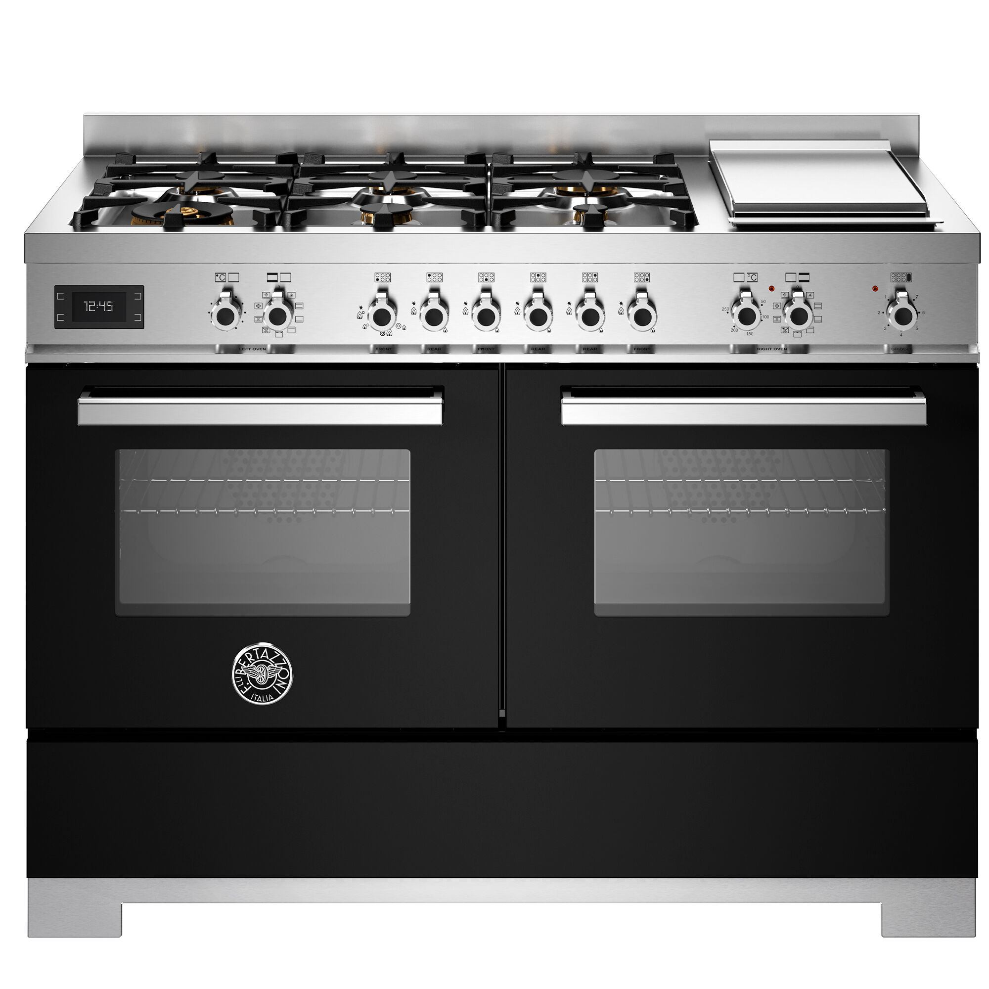 Bertazzoni PRO126G2ENET2 Professional gaskomfur 120 cm med 6 brændere, elektrisk stegebord og 2 ovne, sort