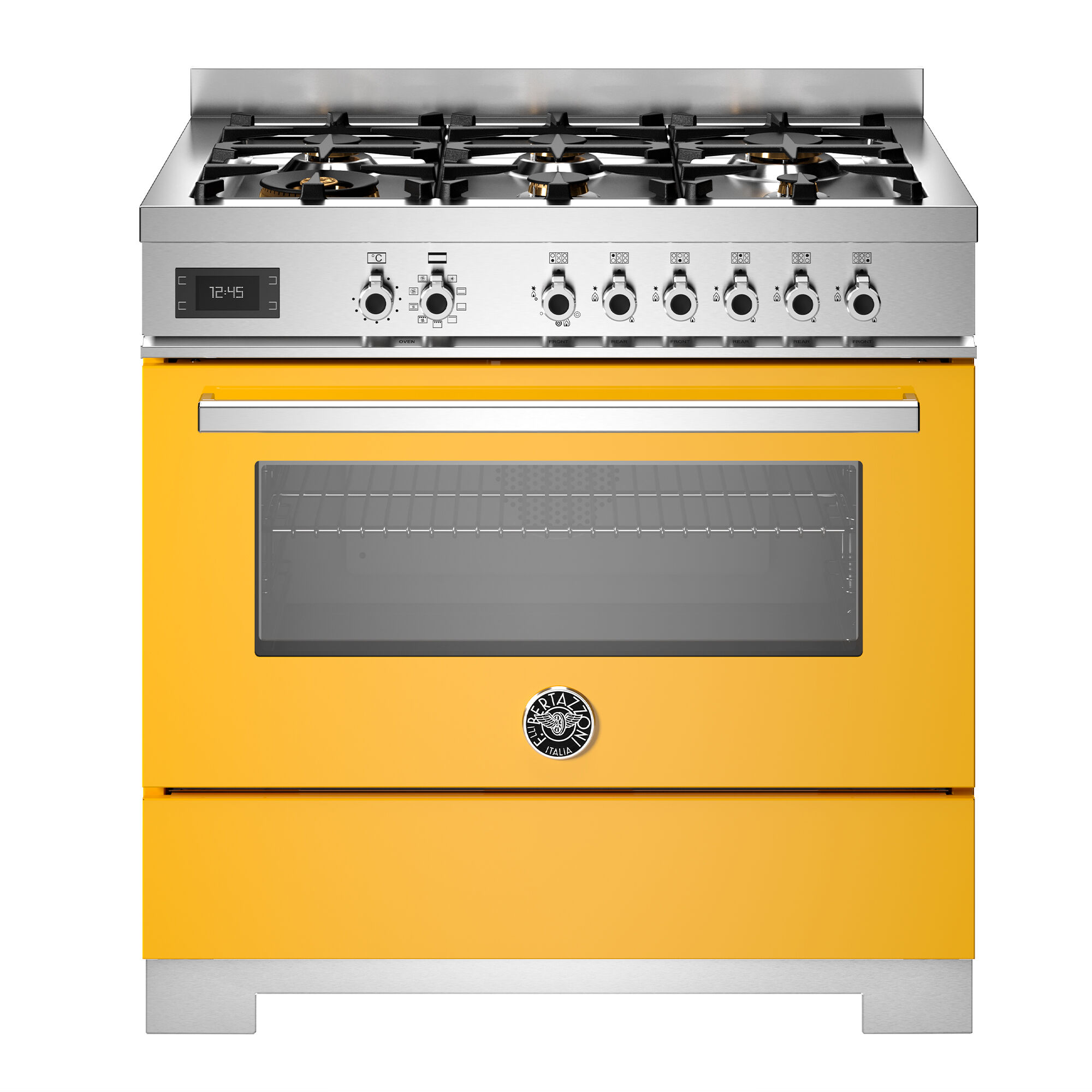 Bertazzoni PRO96L1EGIT2 gaskomfur 90 cm med 6 brændere og 1 ovn, gul