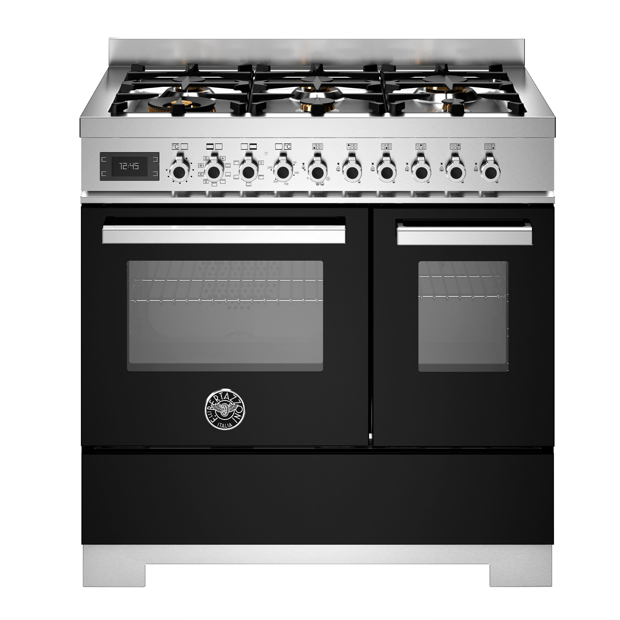 Bertazzoni PRO96L2ENET2 professional gaskomfur 90 cm med 6 brændere og 2 ovne, sort