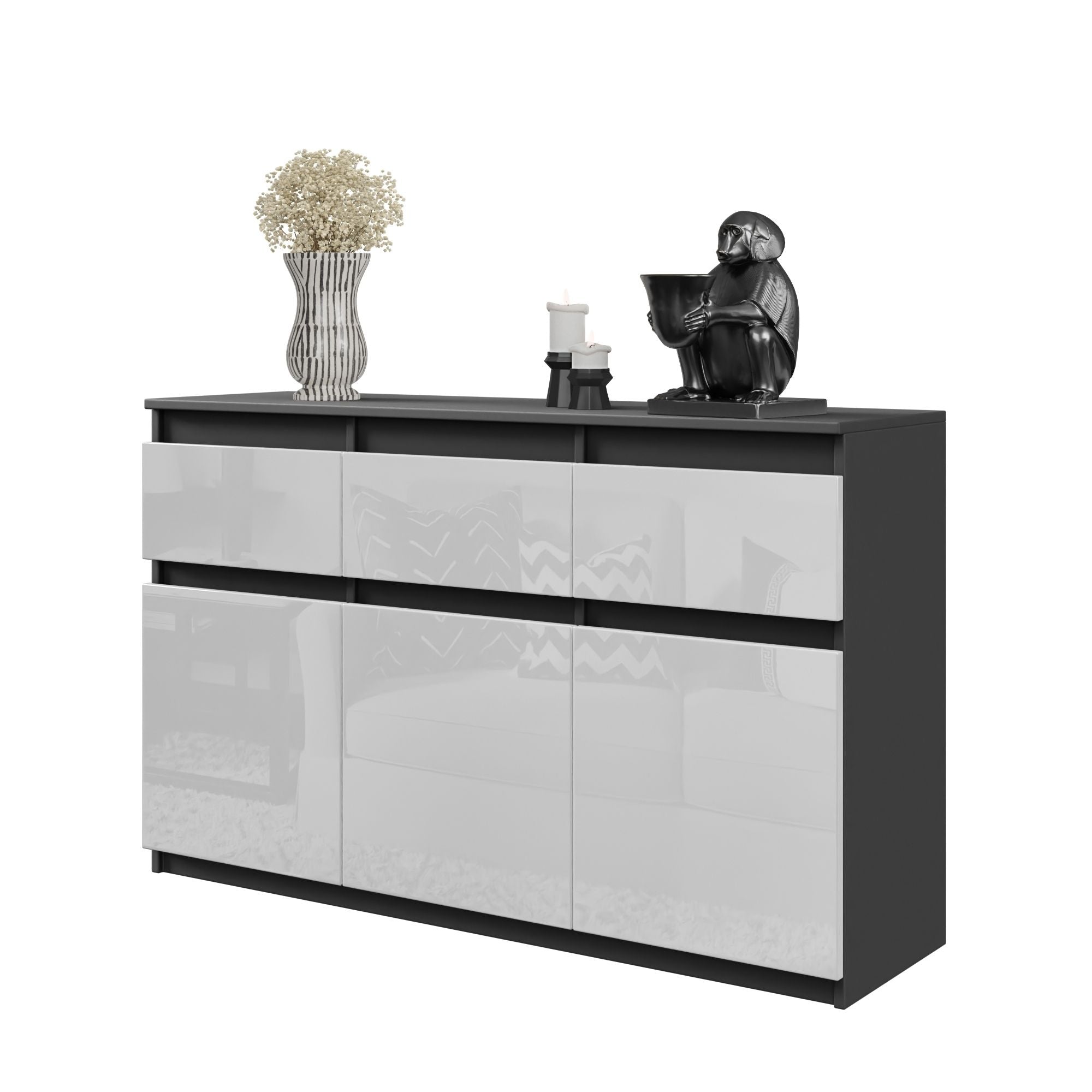 NOAH - Kommode med 3 skuffer - antracit-grå / højglans hvid H75cm B120cm D35cm