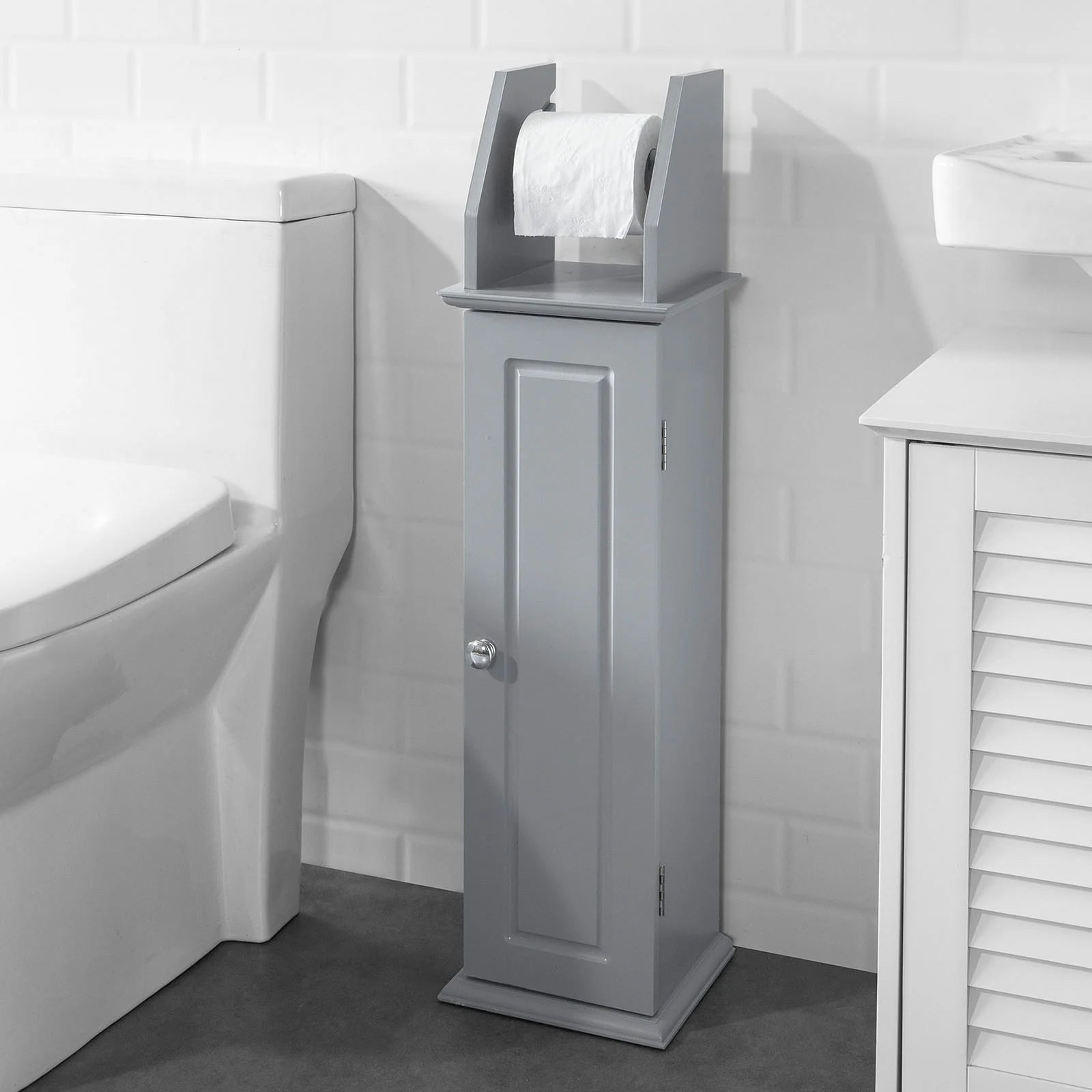 Fritstående badeværelsesskab med toiletrulleholder og opbevaringsplads  -  grå, mål 20 x 18 x 79 cm