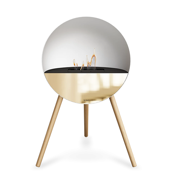 Le Feu Eye bioethanolpejs i hvid - Ben i sæbebehandlet eg - Sort top - Rose gold front  : Erling Christensen Møbler