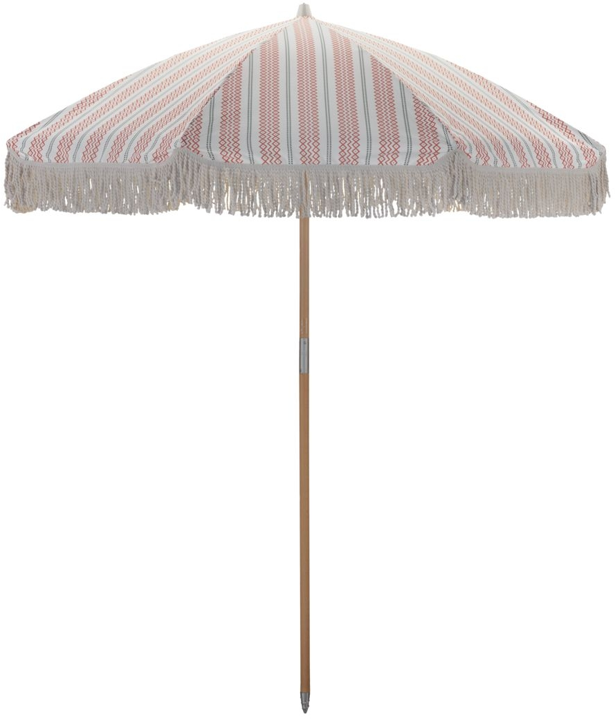 Udendørs fritstående parasol House Doctor Umbra med frynser rød/grøn Ø190 cm H230 cm polyester bøgetræ