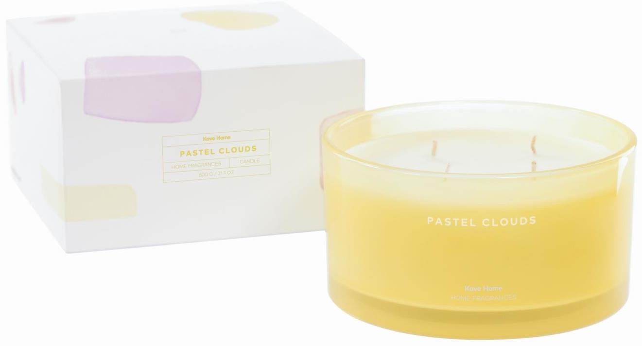 Duftlys Kave Home Pastel Cloud  -  aromatisk stearinlys i gul glas med mandarin-, citron- og lavendelduft