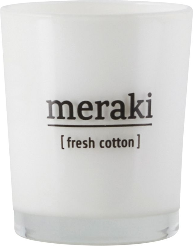 Duftlys Meraki Fresh Cotton  -  hvidt glas, ren soyavoks, klar, sodfri forbrænding, 12 timers brændetid, Ø5,5xH6,7 cm