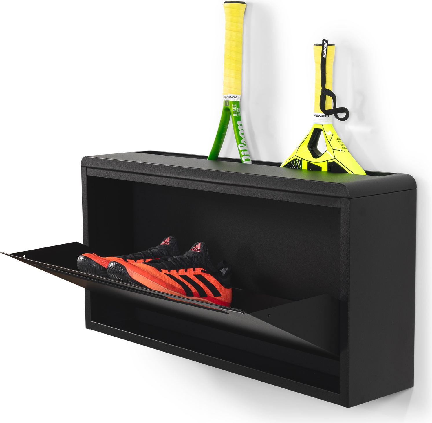 Spinder Design Sportiva skoskab i mat sort stål med ventileret klap og skjult toprum til 3 par sko 37,7Ã75,7Ã17,6 cm