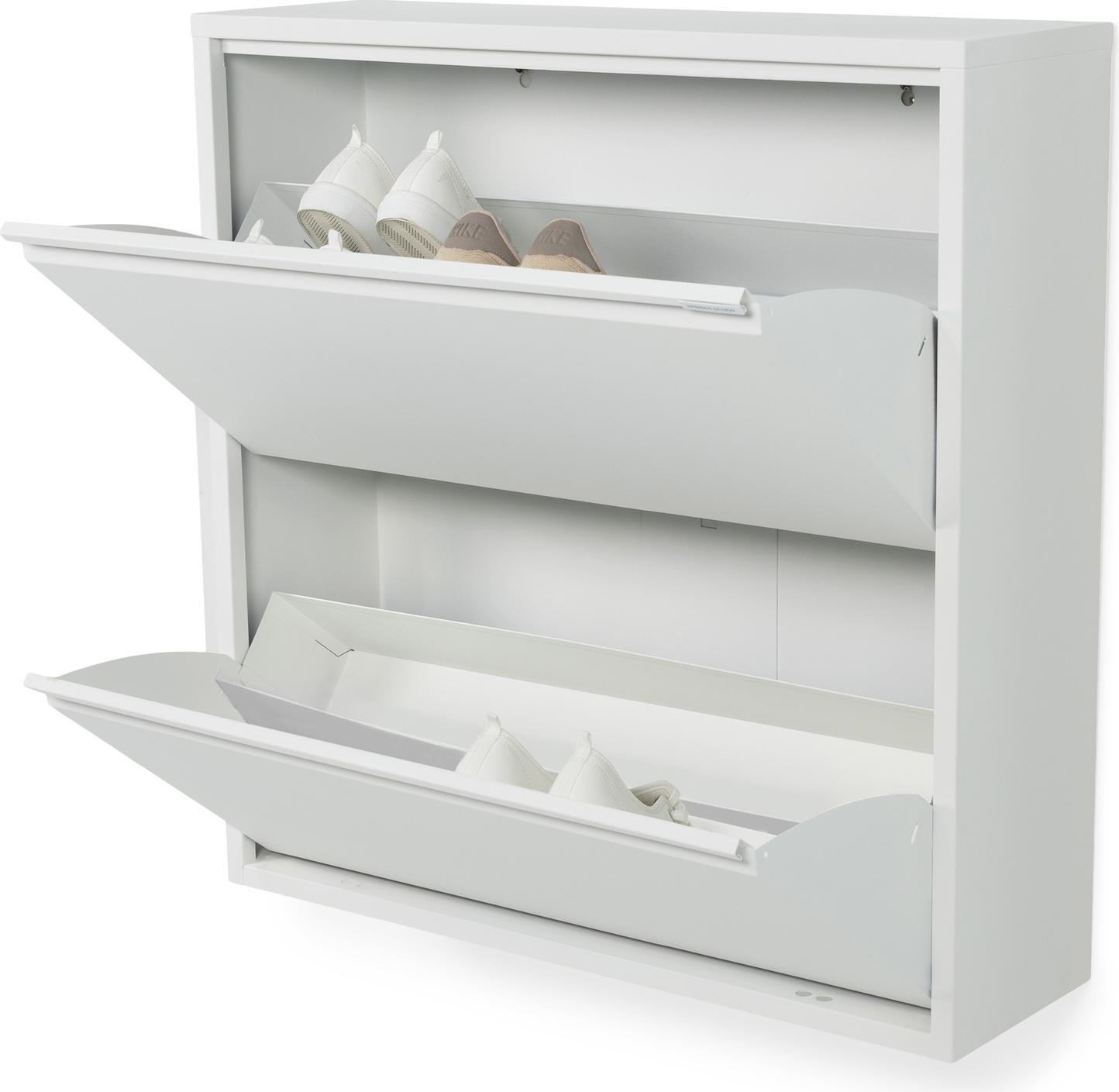 Skoskab Spinder Design Billy i hvidt pulverlakeret stål  -  2 klapdøre til 12 par sko, slankt 75Ã22,5 cm