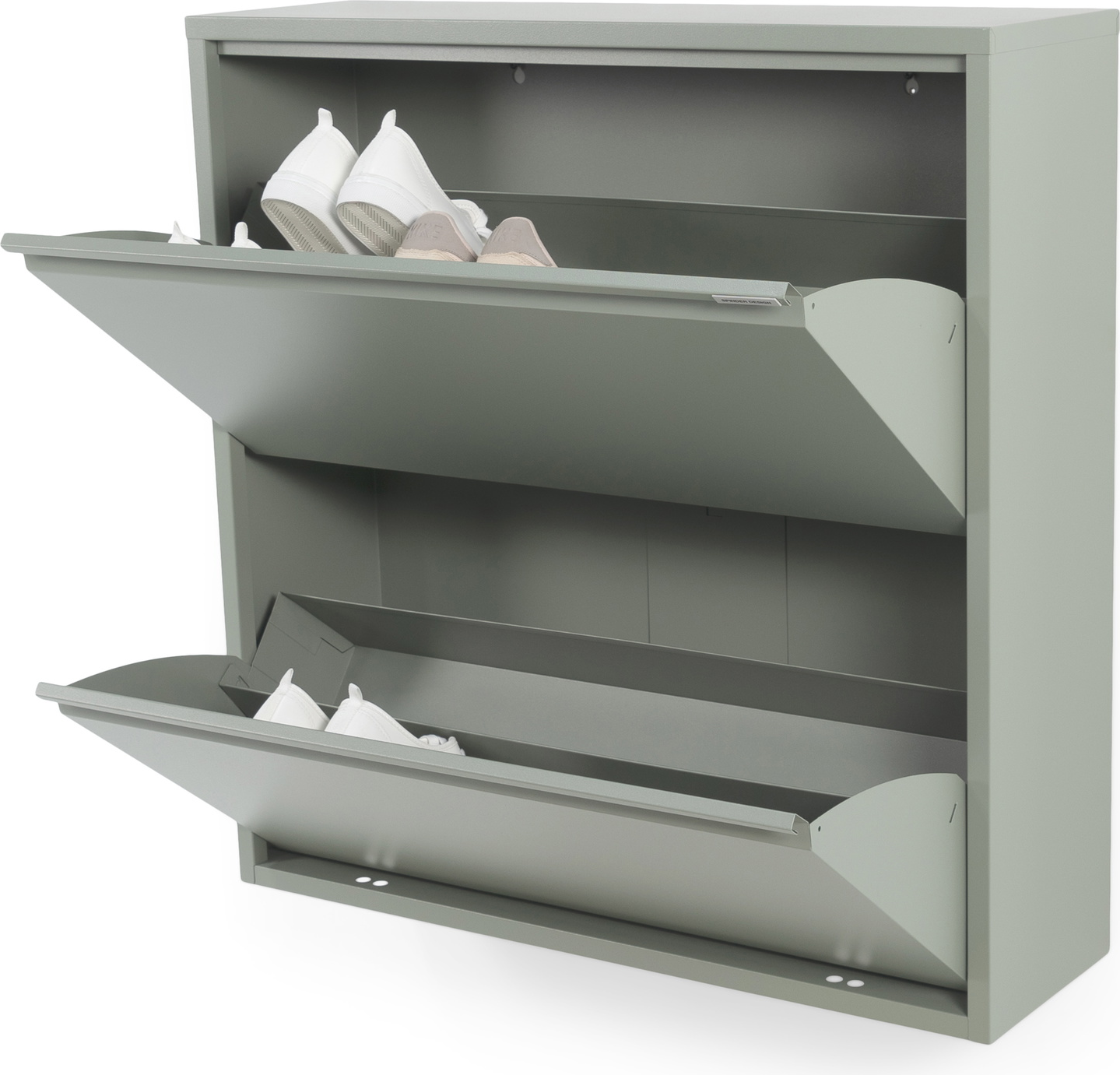Skoskab Spinder Design Billy støvet grøn pulverlakeret stål 2 klapdøre og skuffer plads til 12 par 77,5Ã75Ã22,5 cm