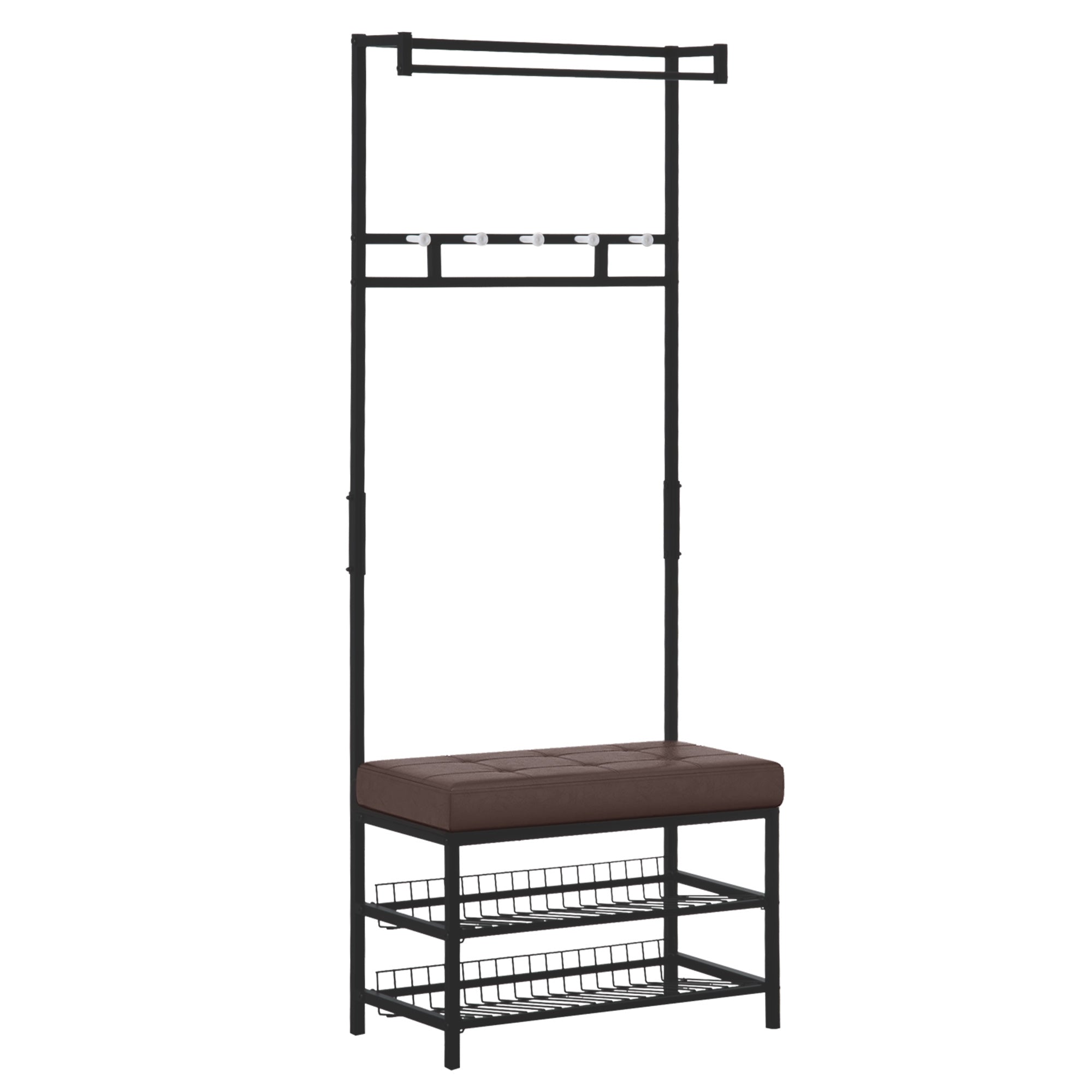 Knagerække med 5 kroge og 2-lags skobænk i metal til entré, soveværelse, 72,5 x 35 x 180 cm