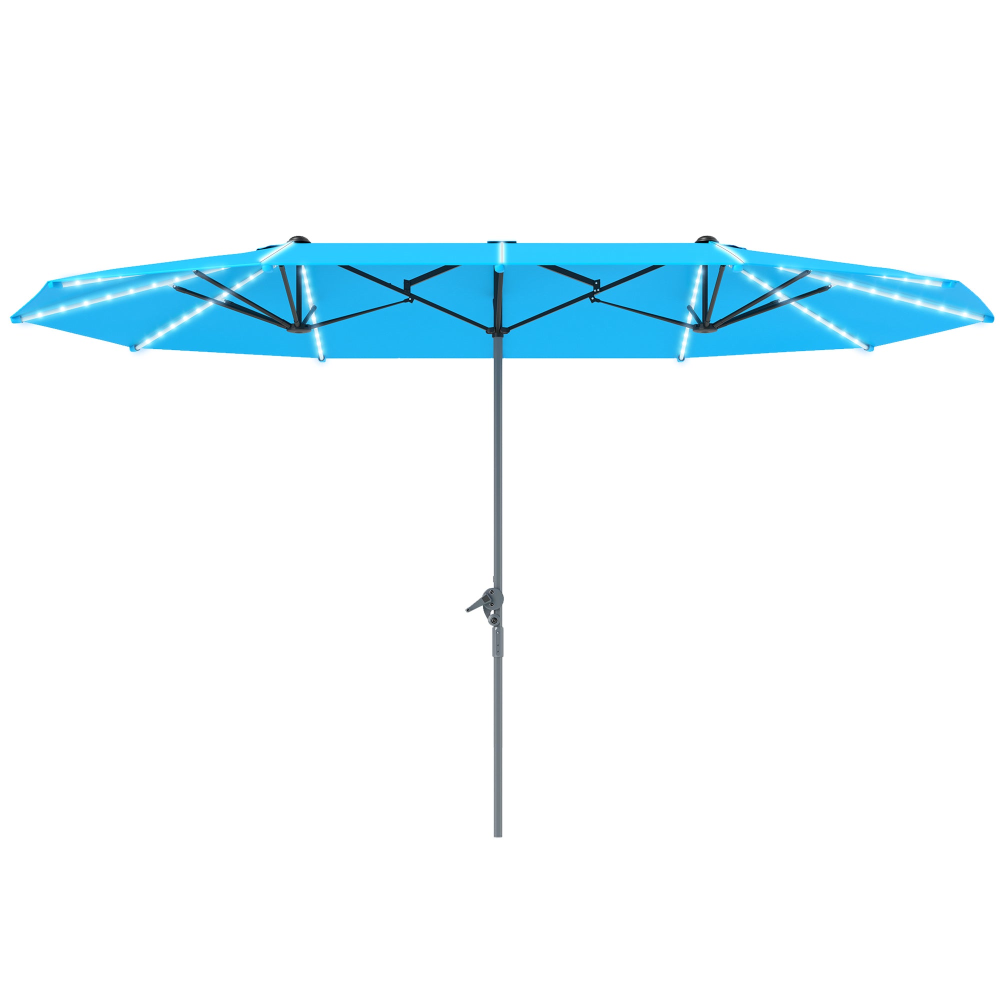 Dobbeltparasol med solcellelamper, aluminium, polyester, upf 50+ beskyttelse, uv-resistent, terrasseparasol, blå