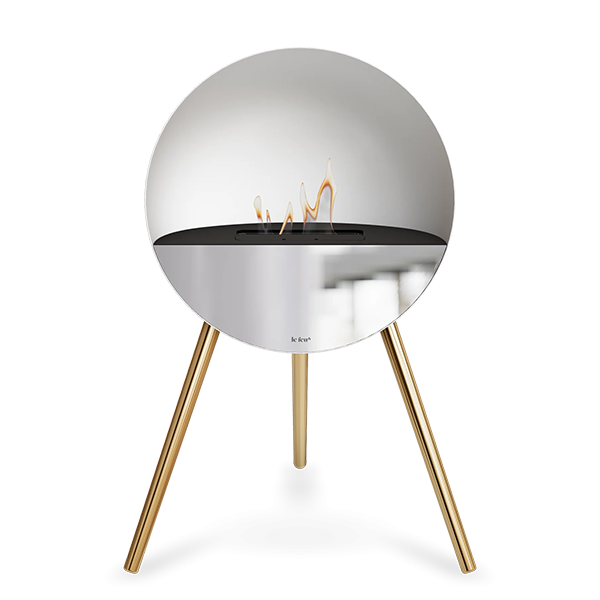 Le Feu Eye bioethanolpejs i hvid - Rose gold ben - Sort top - Spejl front : Erling Christensen Møbler