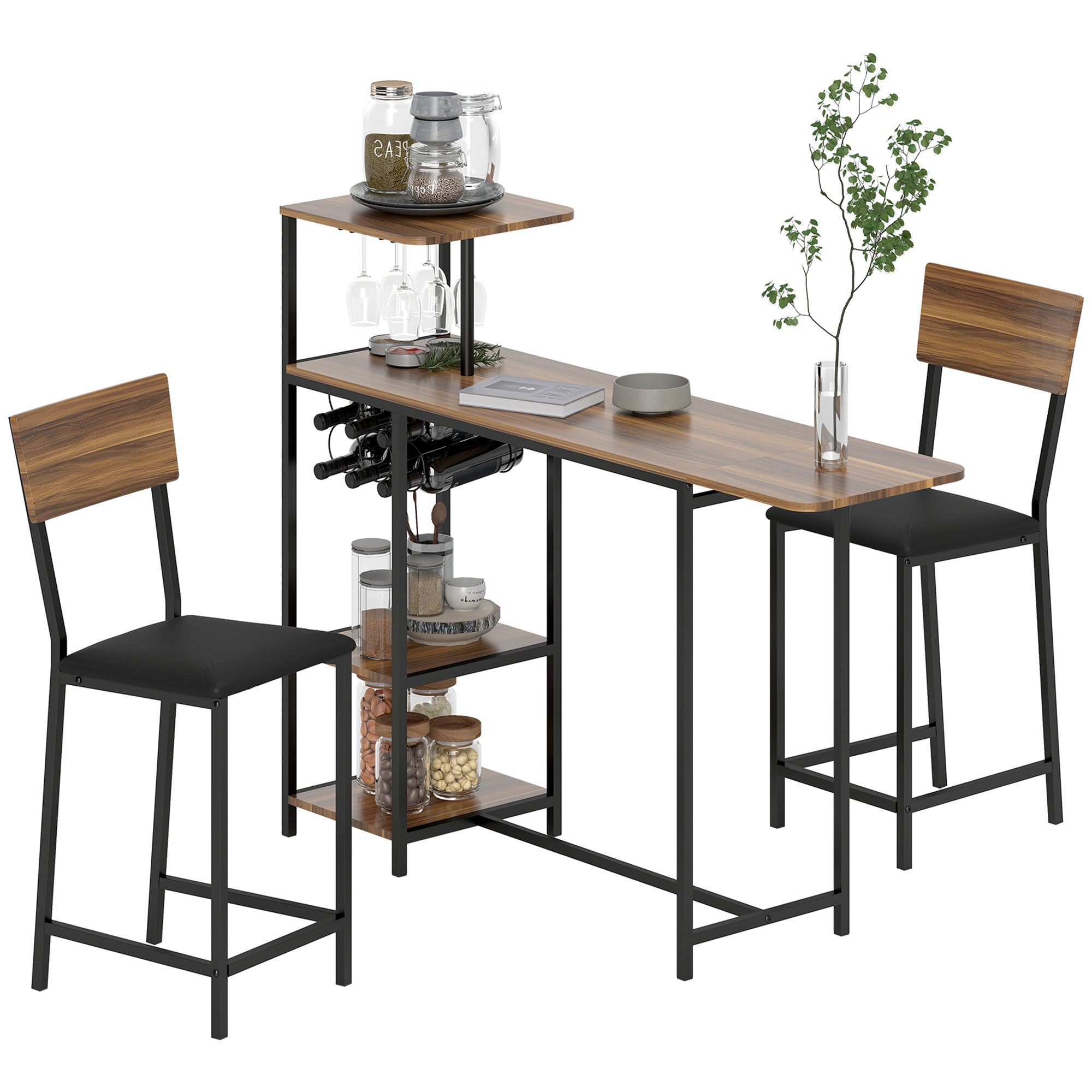 3-Delt barbordssæt, 1 barbord, 2 stole, med vinreol, glasholder, åbne hylder, fodstøtter, brun