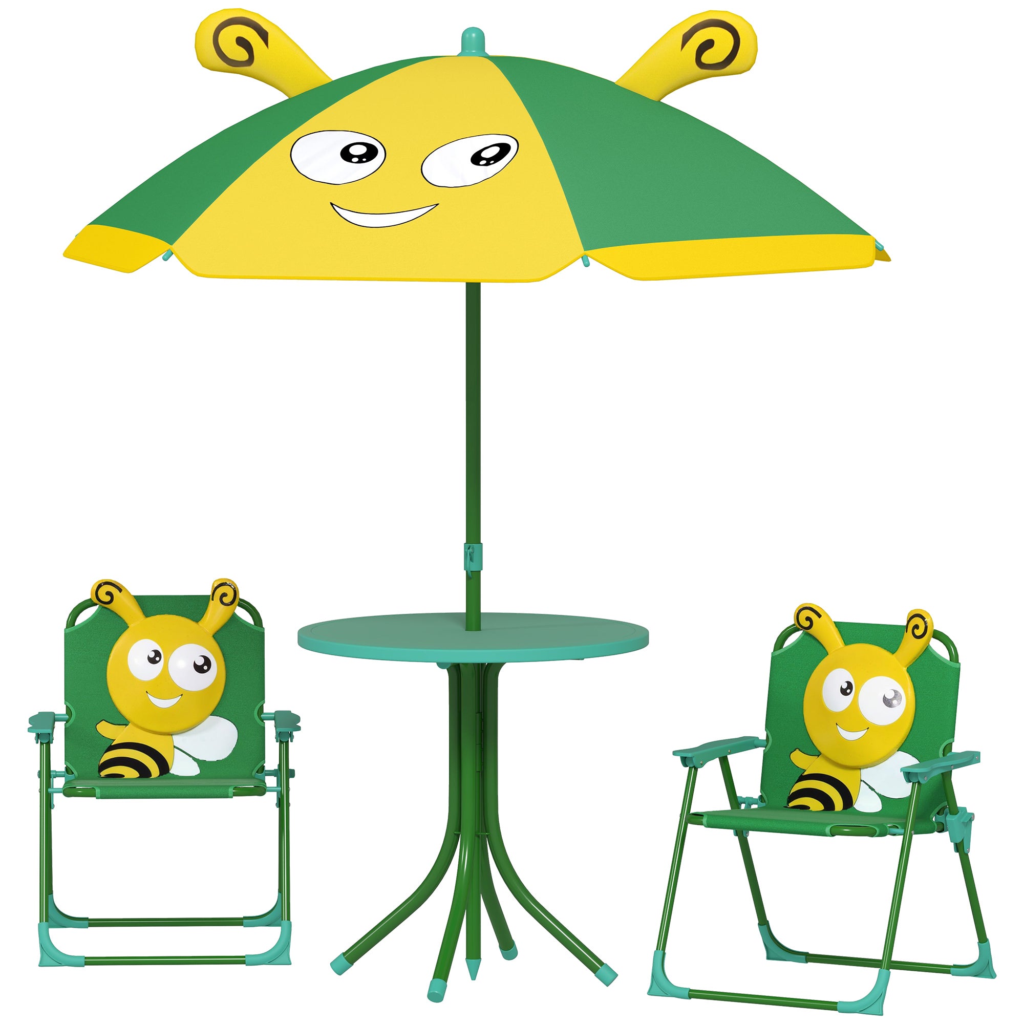 Børnehavemøbelsæt, stole, bord, parasol, bidesign, grøn+gul