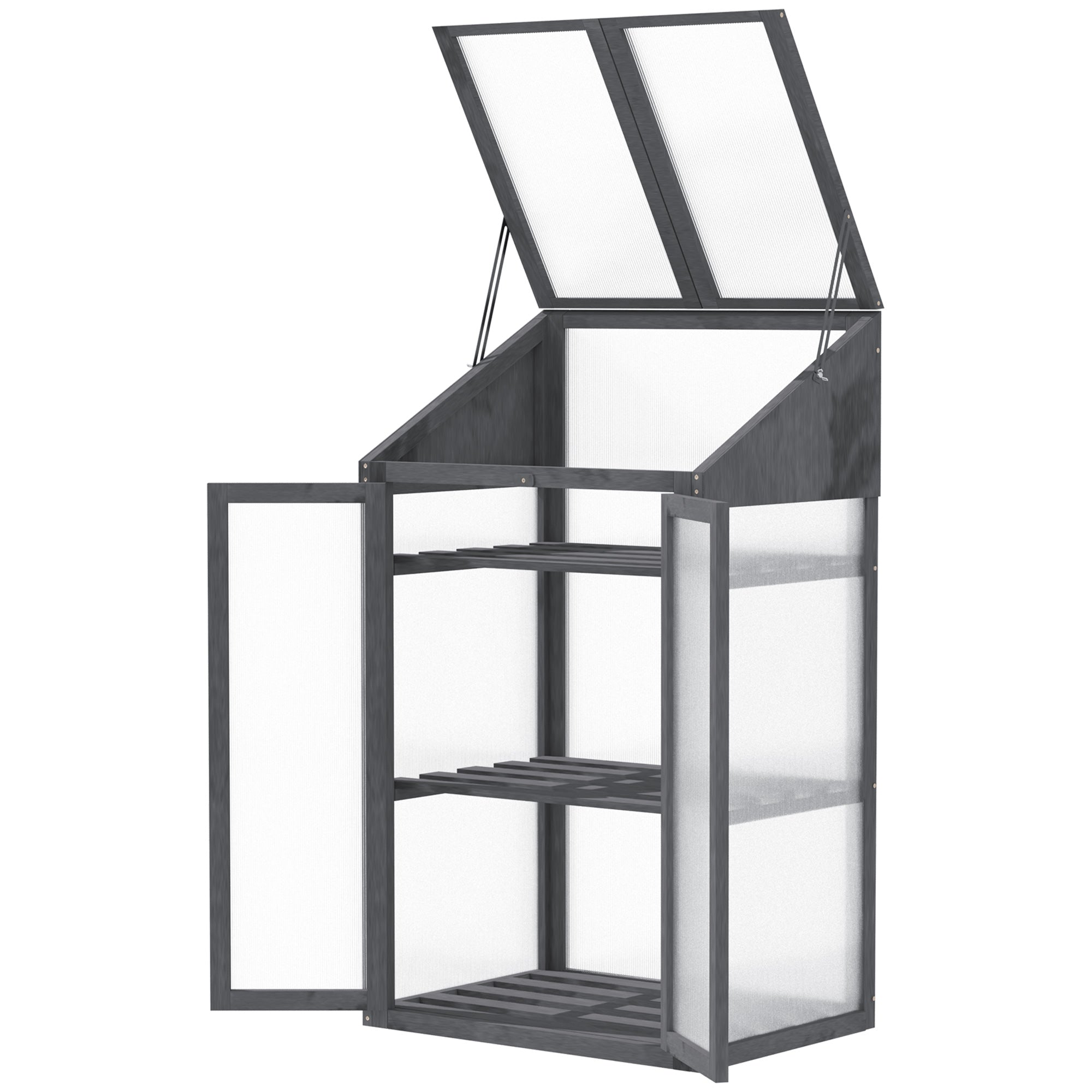 Mini drivhus, lille drivhus med træramme, vindue og dobbeltdør, 3 hylder, 70l x 50b x 120h cm, grå
