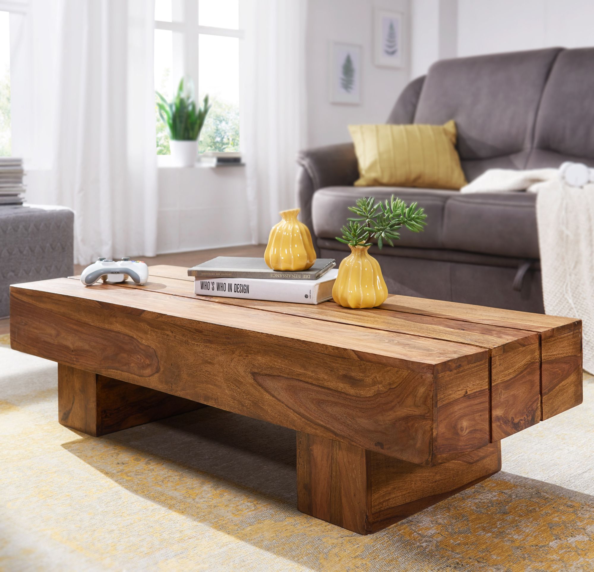 Håndlavet sofabord i FSCÂ®-certificeret sheeshamtræ, 120x45x30 cm