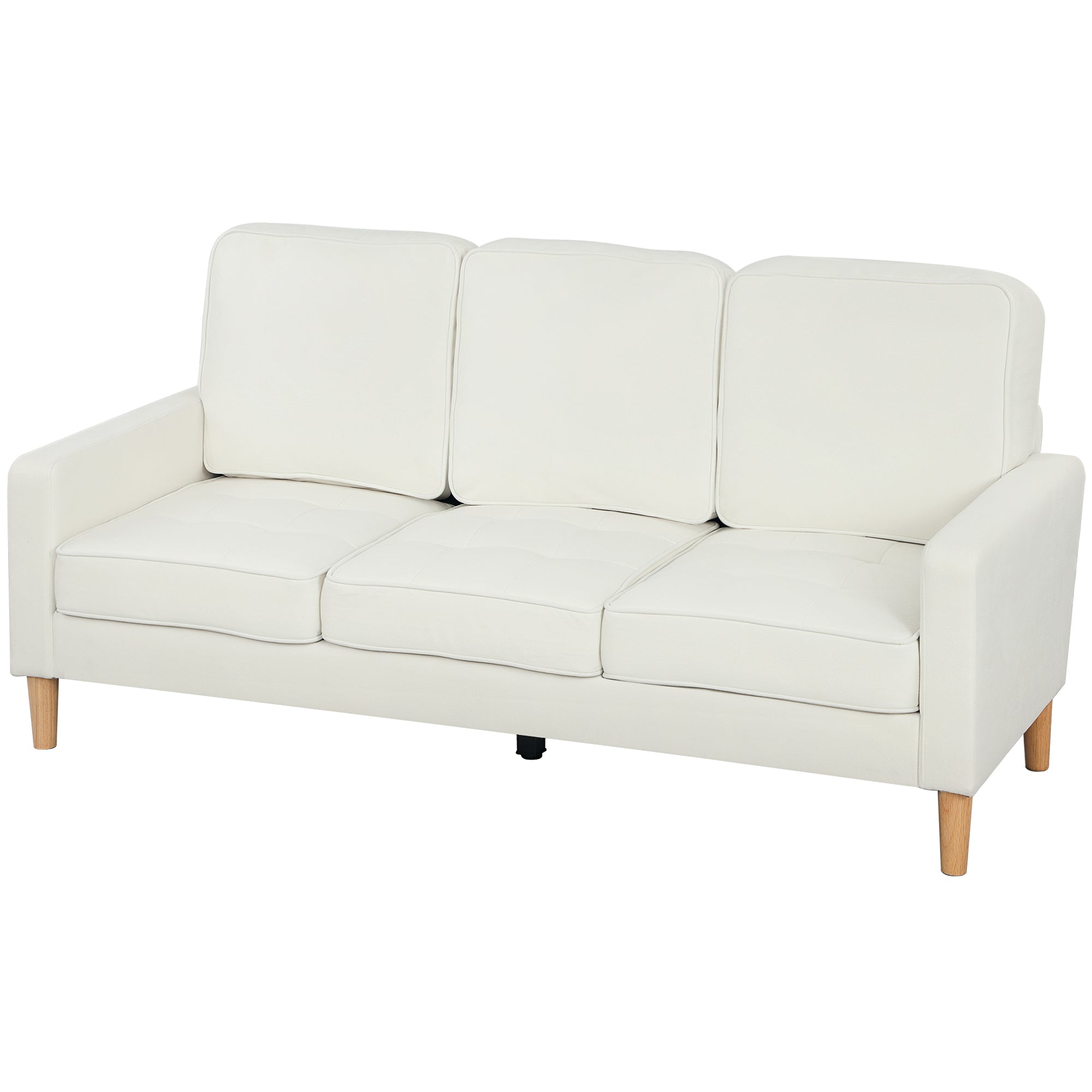 3-personers sofa med tykke hynder, gummitræ, stofbetræk, polstret sofa til stue, kontor, soveværelse, cremehvid