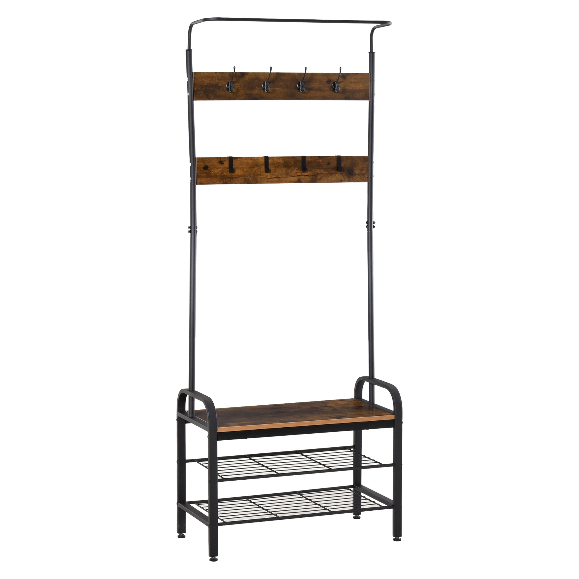 Knagerække skohylde tøjstativ med 8 knager 2 hylder mdf sort 72 x 34 x 185 cm
