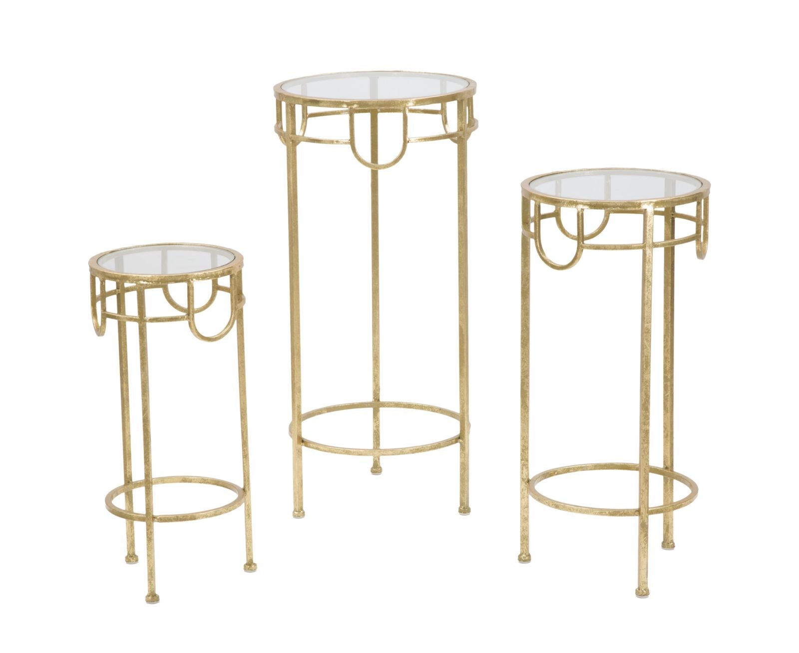 Glam sideborde i guldfarve, metal og glas, styks  -  33x70 og 28x60 og 23x50 cm