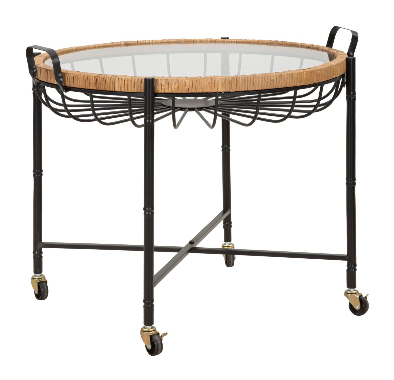 Boho chic bord i jern, glas og rattan  -  70x5x65 cm