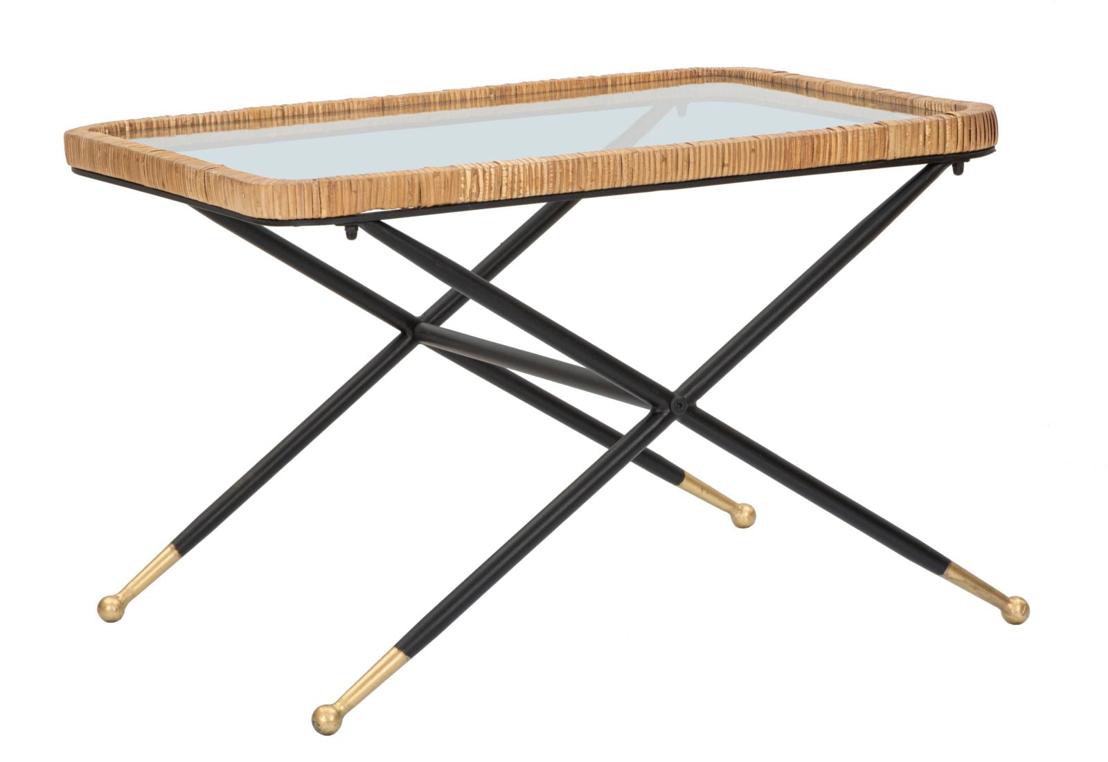 Boho chic bord af jern, glas og rattan  -  70x50x45 cm