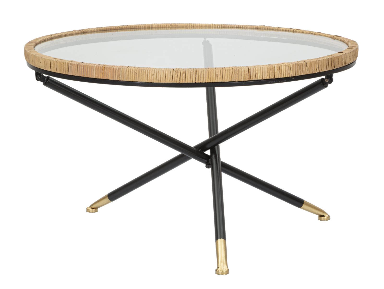 Boho chic sofabord i jern, glas og rattan  -  80x46x5 cm
