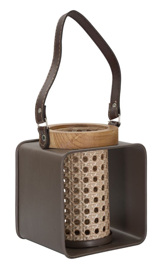 Boho chic lanterner i træ, jern og pu  -  16x13x20 cm